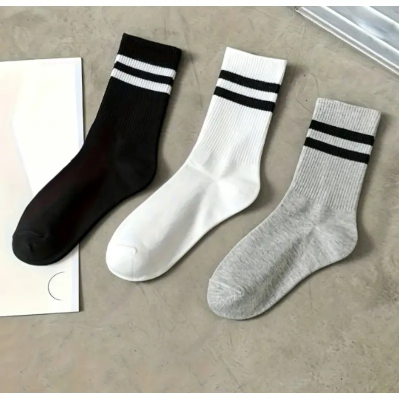 3 Pairs Breathable Sports Socks - Moisture-Wicking Mid-Calf Crew Socks with Black & White Stripes, Soft Polyester for Gym, Running, Hiking - All-Season Casual Athletic Socks, Gym Essentials, Striped Pattern, Sweat Absorption
