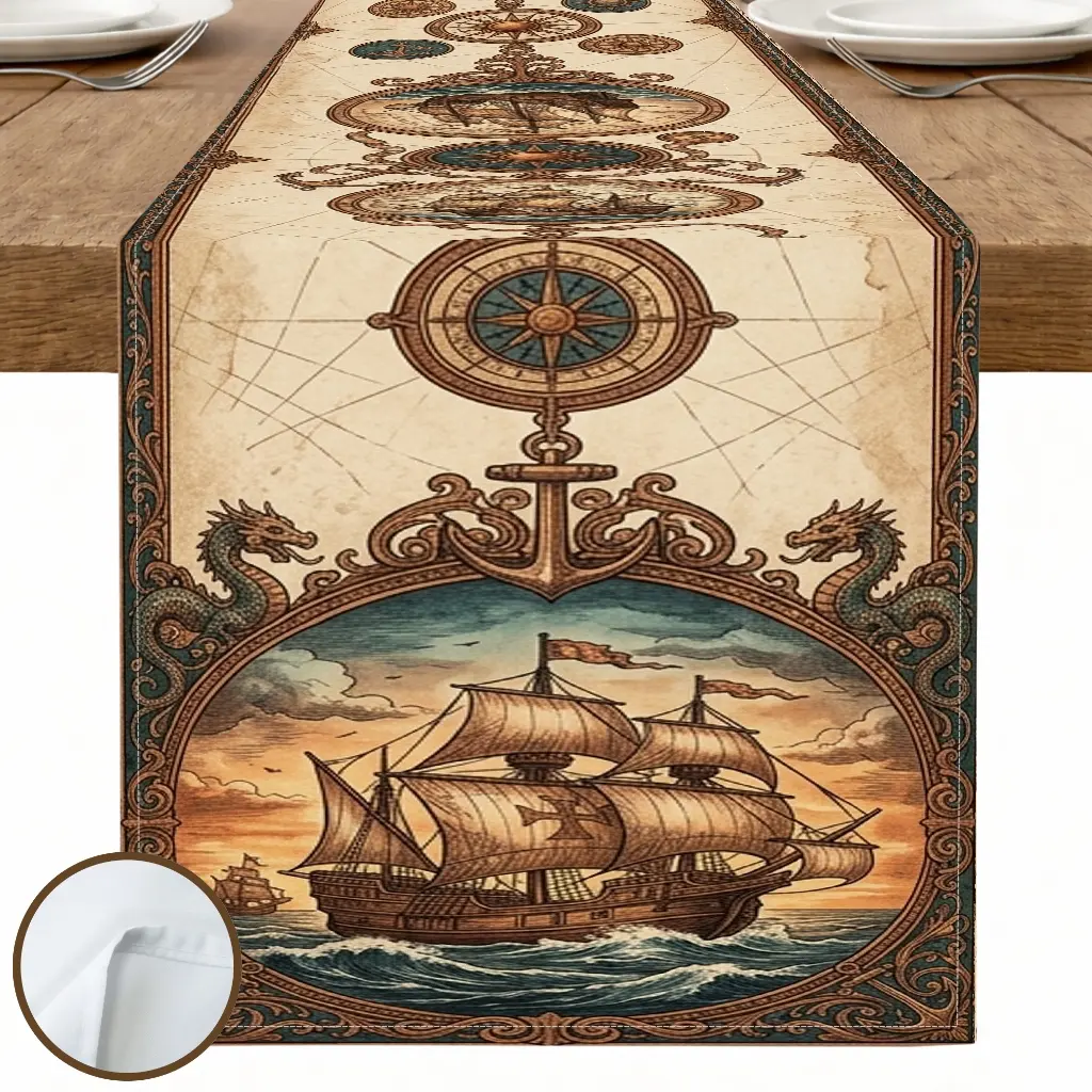 1pc Nautical Ship Globe Table Runner, Vintage Nautical Style, Decorative Border and Printed Pattern, for Dining Table Kitchen Decor Home Decor Labor Day Decor