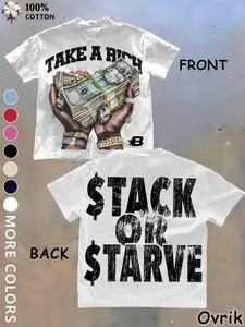 Unisex Y2K Clothing Hip Hop Money Graphic Round Neck T-Shirt - "Take A Rich / Stack Or Starve" Hustle Streetwear Man Tee for Rap Fans, Trap Lovers & Urban Hustlers, Cotton Casual Top for Concert, Festival & Daily Street Style