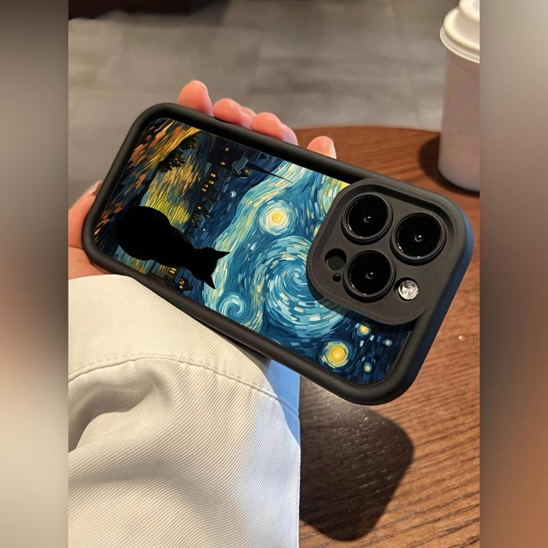 Phone Case: Suitable for iPhone 17 E Air Pro ProMax iPhone16 15 14 Plus 13 12 Mini 11 X XS XR, Black, Featuring a Cat Looking at the Stars from Among Tall Bamboos