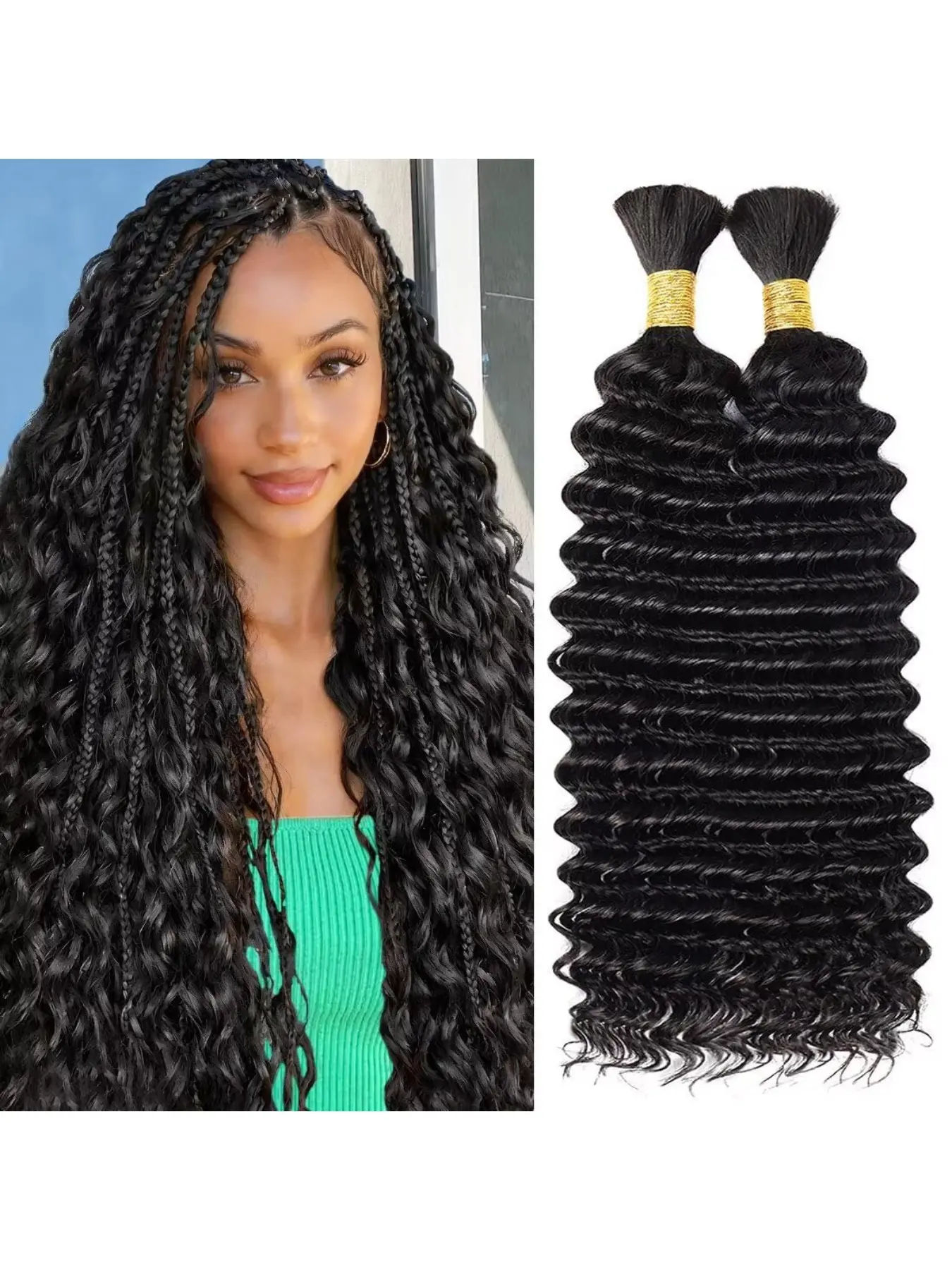 18 Inch Wavy Braided Hair, Bohemian Style, Synthetic Boho Braids, 100% Synthetic Fiber, Deep Wave Wet Curl, Knot-Free, Natural, 2 Bundles Per Pack