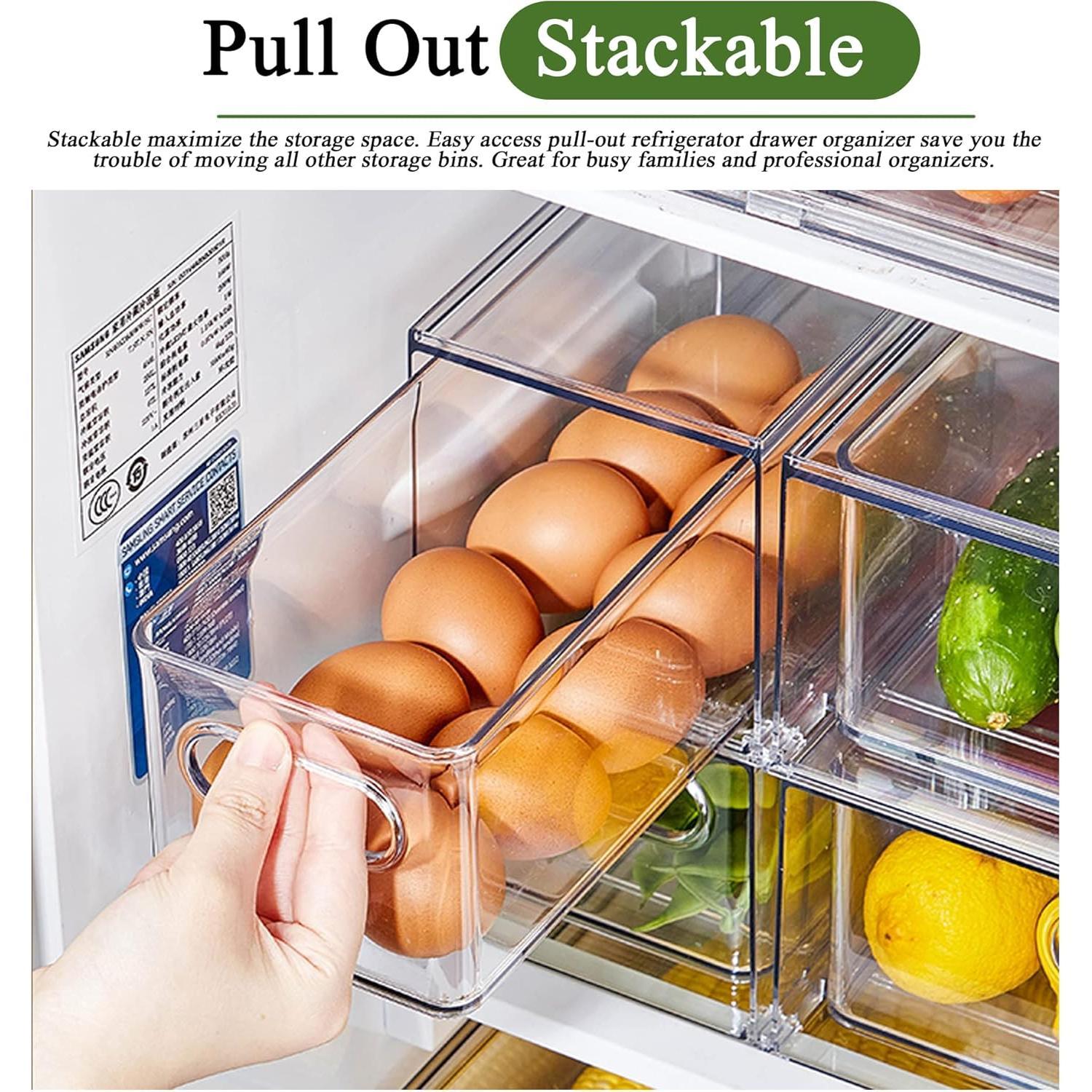 2 Pack Fridge Organizers and Storage with Pull out Drawer, Stackable Storage Drawer, Clear Refrigerator Organizers,  for Kitchen Cabinet Pantry,3.14QT