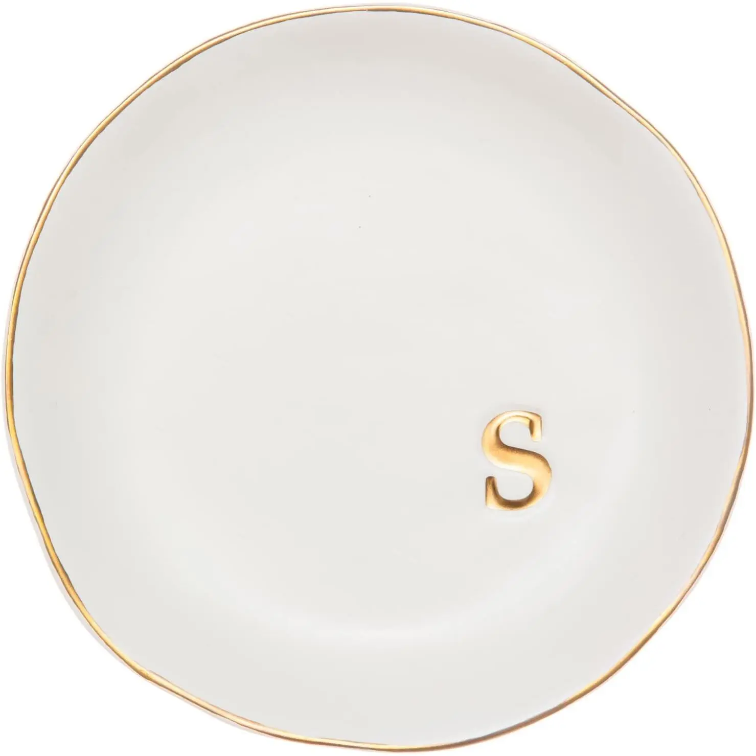 Ceramic Jewelry Tray, Trinket Dish, Gifts for Women (S) | Mother's Day, Birthday, Christmas, Engagement Gifts, Vanity, Nightstand Decor, Embossed Gold Monogram Ring Dish with Gift Box