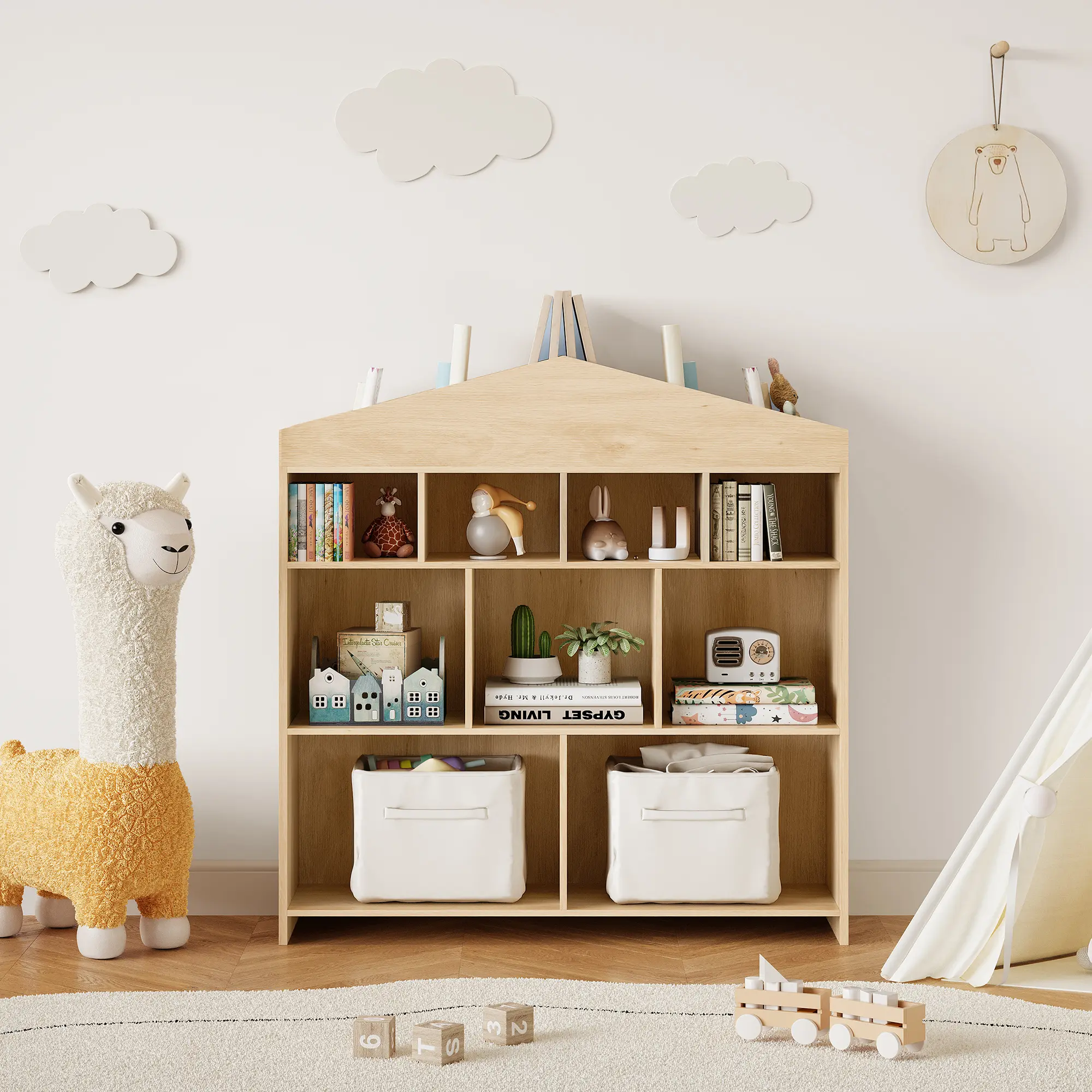 PB Playhouse Shaped Kids Bookshelf, Multi Cubby Toy Storage Organizer Cabinet for Boys Girls, Floor Standing Children Book Toy Display Rack for Playroom Nursery Kids Bedroom, 43.7014.577.87 Inch