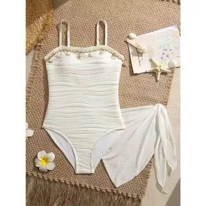 Teenage girls' one-piece swimsuit, featuring a special textured fabric mesh skirt, shell-pattern swimsuit, teenage one-piece swimsuit, ruffled teenage swimsuit, bohemian-style swimsuit, summer vacation swimsuit