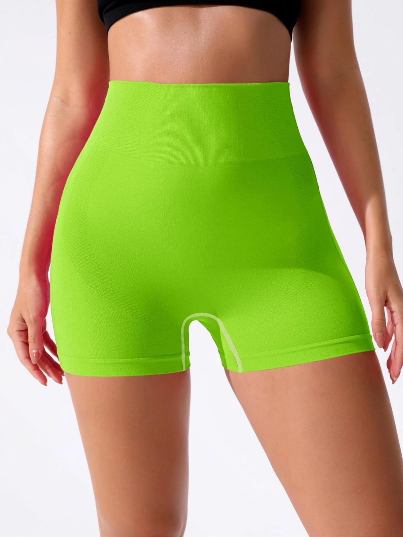Women's Solid High Waist Sports Gym Shorts, High Waisted Shorts, Summer High Stretch Seamless Wide Waistband Shorts for Yoga Running Fitness