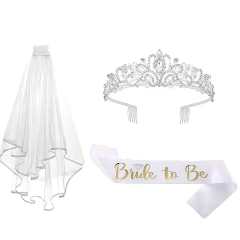 3 Pcs Bridal Shower Party Decor Kit, Including Bride Sash, Crystal Tiara Crown, Wedding Veil, Novelty Photo Booth Props, Elegant Bachelorette Party Decorations, Perfect Bridal Shower Gift for Bride To Be