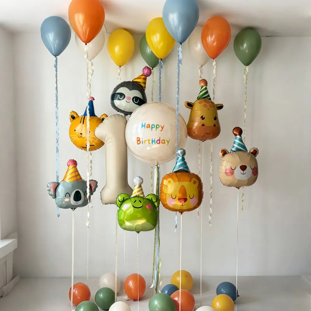 Birthday Hat Cartoon Animal Design Milk Number Balloon Cat Lion Monkey Bear, Festival Birthday Party Decoration, Balloon Set