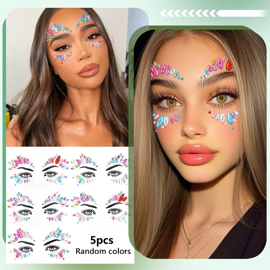 5pcs Random Style Face Rhinestones Stickers, Music Festival Party Eyebrow Eye Makeup Glitter, Self-Adhesive DIY Beauty Jewelry