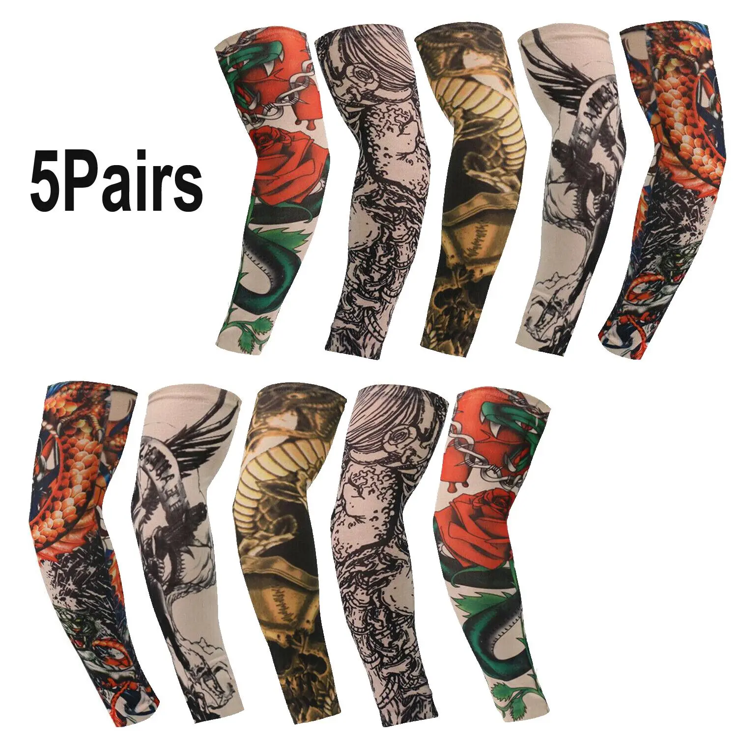 5 Pairs Ice Silk Tattoo Arm Sleeves, UV Protection Sun Protective Arm Sleeves, Anti-Slip Design, Suitable for Running, Fishing, Cycling and Other Outdoor Activities – Father's Day Gift uv-blocking