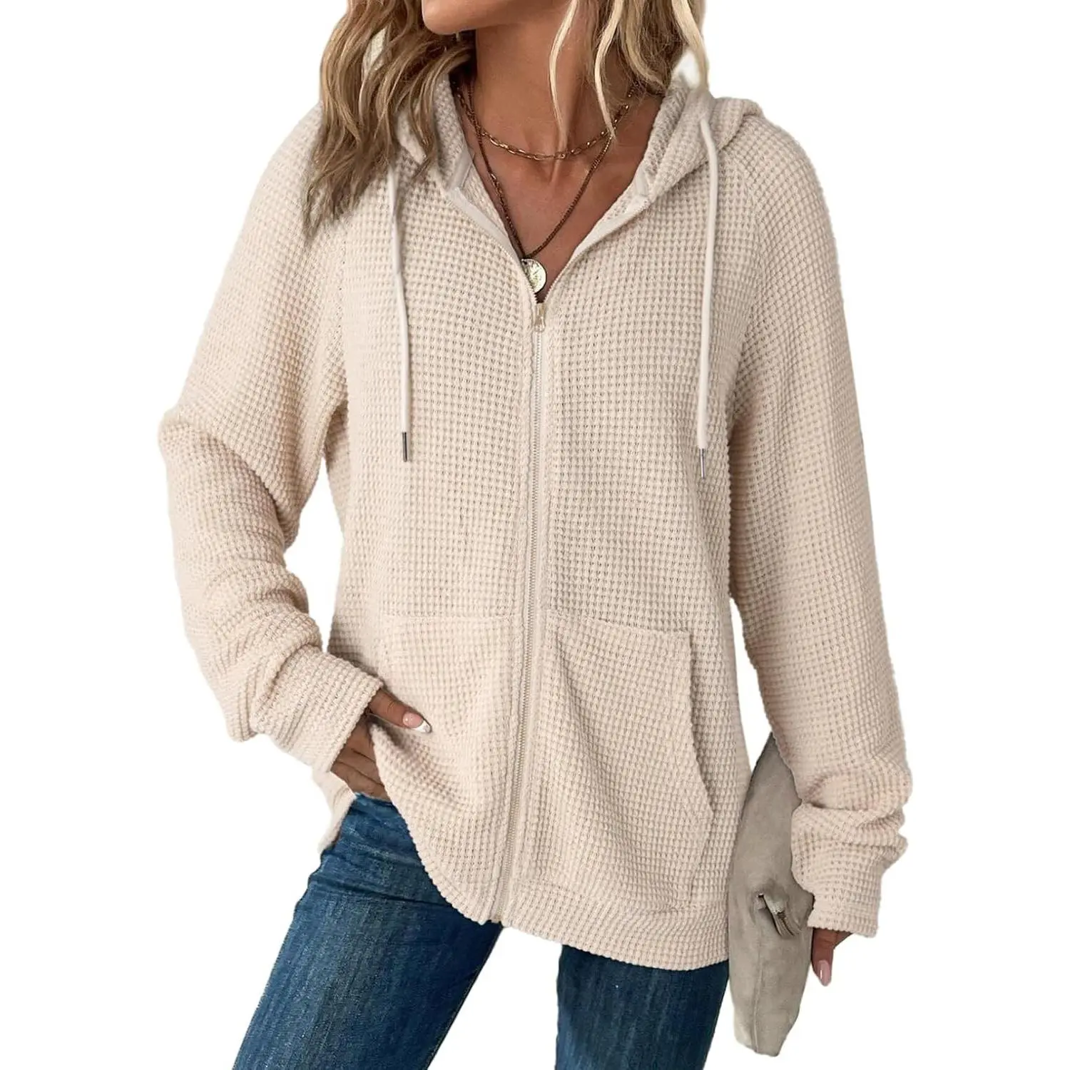 Women's Full Zip Up Waffle Knit Hoodie - Long Sleeve Oversized Sweatshirt Jacket Coat, Casual Early Fall Fashion, Essential WardrobeGift