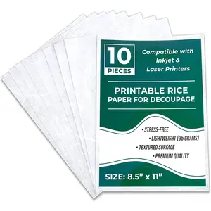30-35GSM Printable Decoupage Rice Paper Sheets 8.5" x 11", 10 Pack Craft Supplies Compatible with Inkjet & Laser Printers