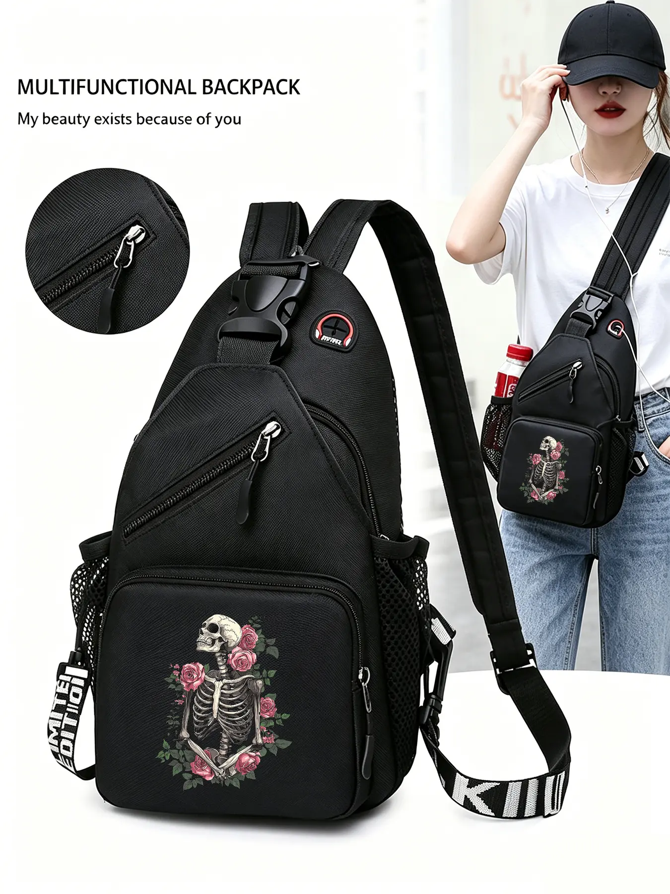 Rose Skull Patterned Convertible Crossbody Bag/backpack, Multi-functional Chest Bag with Convertible Zippered Shoulder Strap, Multiple Pockets, Suitable for Travel, Sports, and Daily Commuting