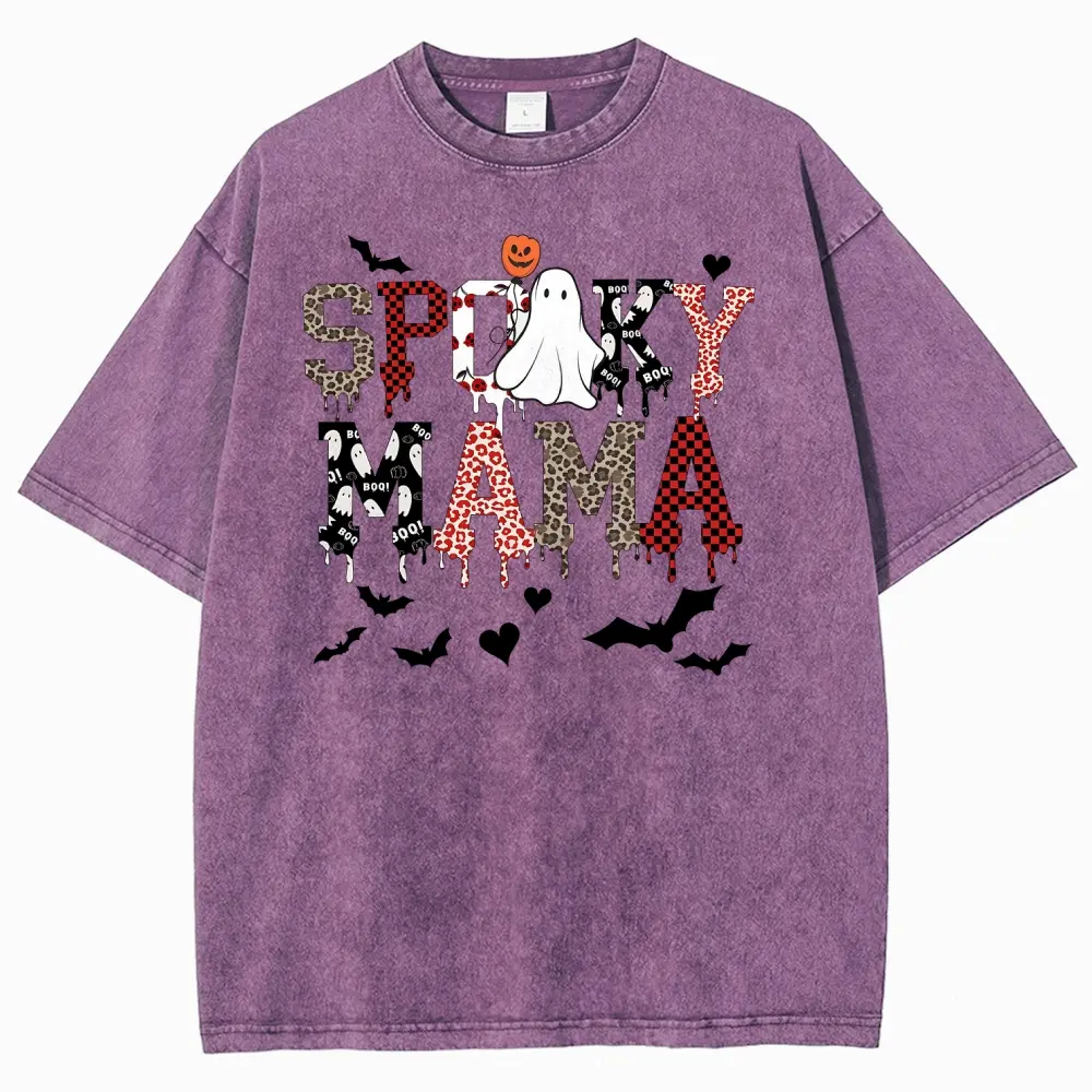 Vintage Halloween Spooky Mama Shirt Oversized Washed Graphic Tee Leopard Plaid Ghost Short Sleeve T-Shirt Unisex Loose Fit Streetwear