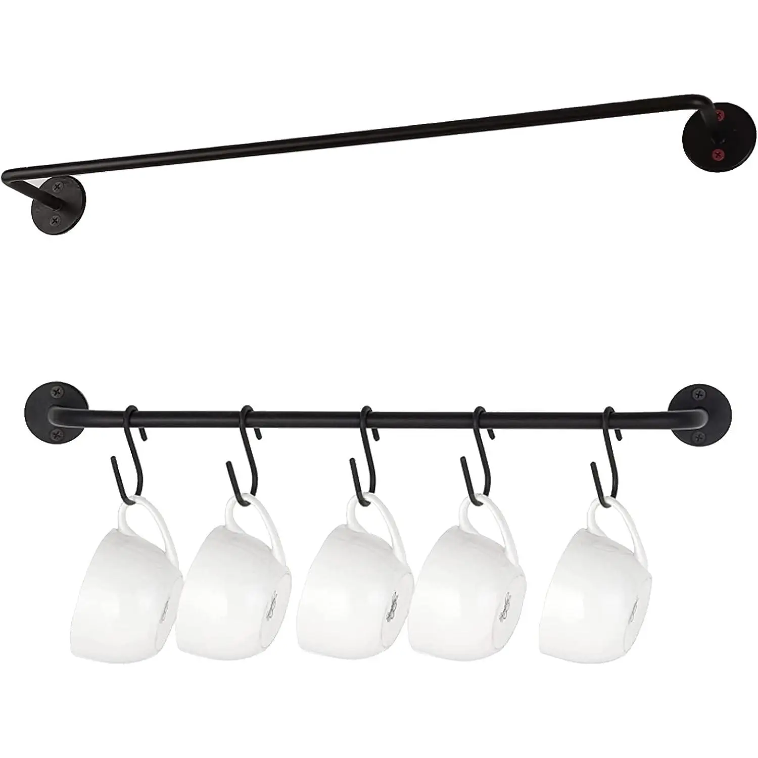 Wall Mounted Coffee Mug Holder 1 count | Black Metal Rod with 5 Removable Hooks for Kitchen or Restaurant