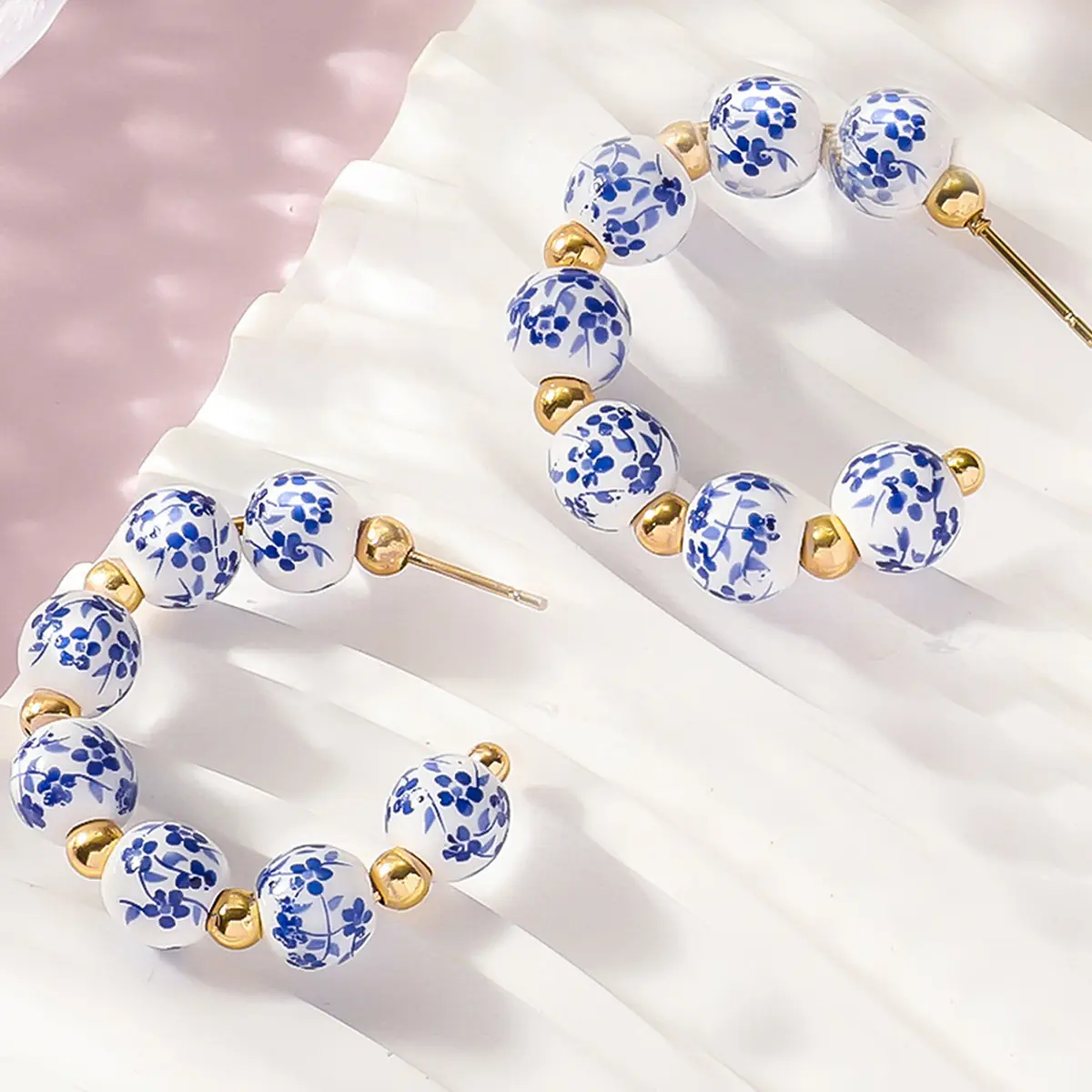New Chinese Style Ceramic Drop Earrings, Blue And White Porcelain Half Hoop Jewelry With Tiny Gold Bean Beads, Elegant Vintage Oriental Ear Accessories For Women, Lightweight Statement Earrings For Tea Parties, Daily Wear And Retro Outfit Matching