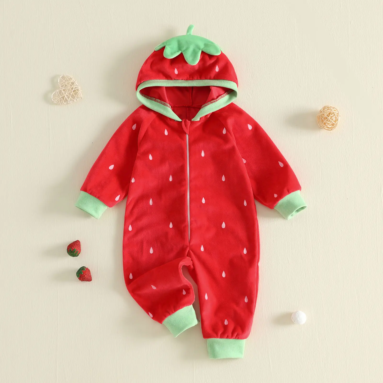 Toddler Baby Girl Strawberry Costume Halloween Long Sleeve Hooded Jumpsuit