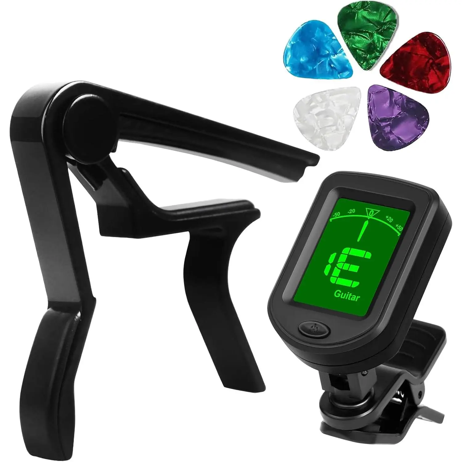 Clip- Guitar Tuner, Buzzing-Free Guitar Capo,Quick Release capo for Acoustic Guitar, Bass, Ukulele, Violin with 5 count Pick.