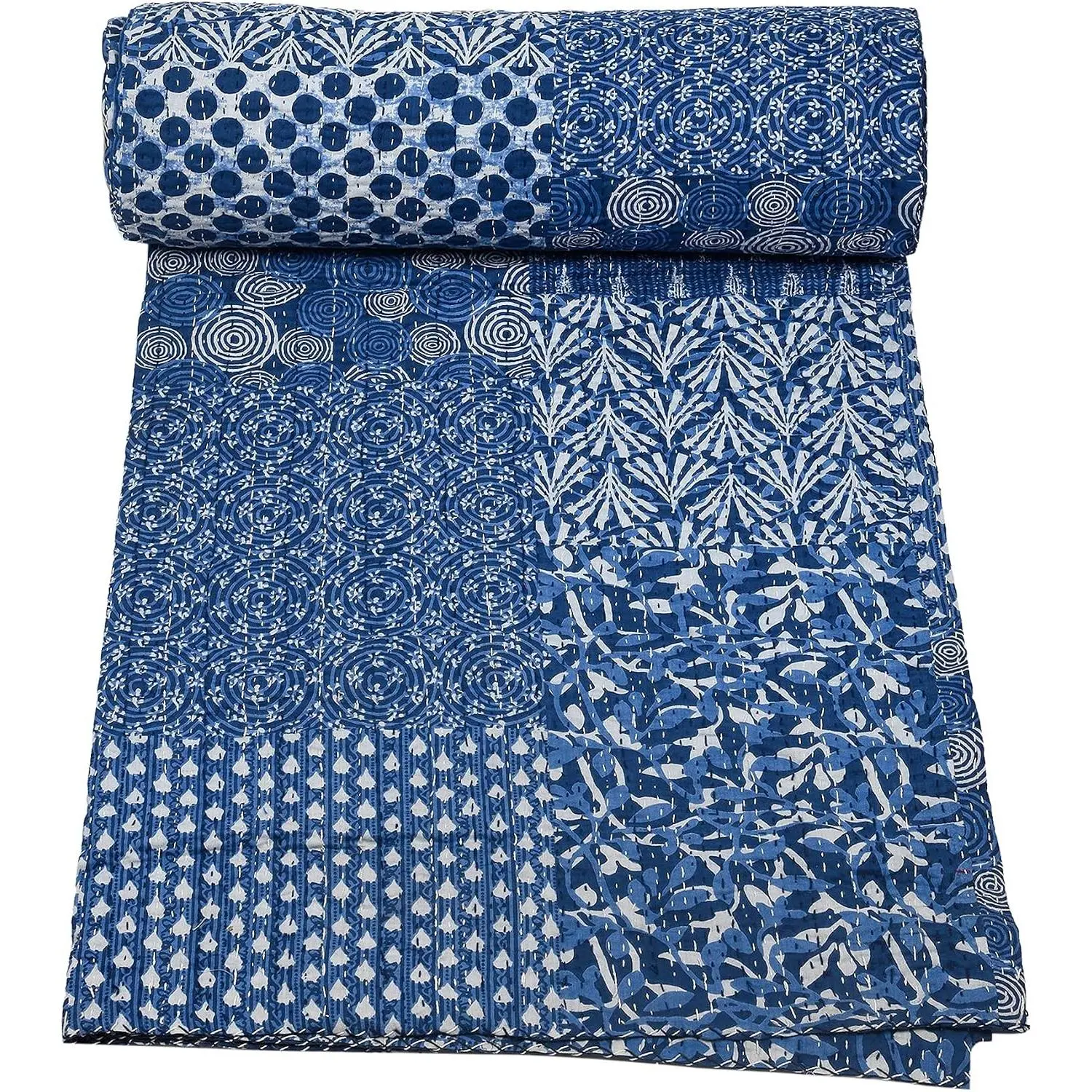 Indian Handmade Traditional Kantha Quilt Throw Blanket, Reversible Pure Cotton Comforter, Navy - Queen 90 x 108 Inches