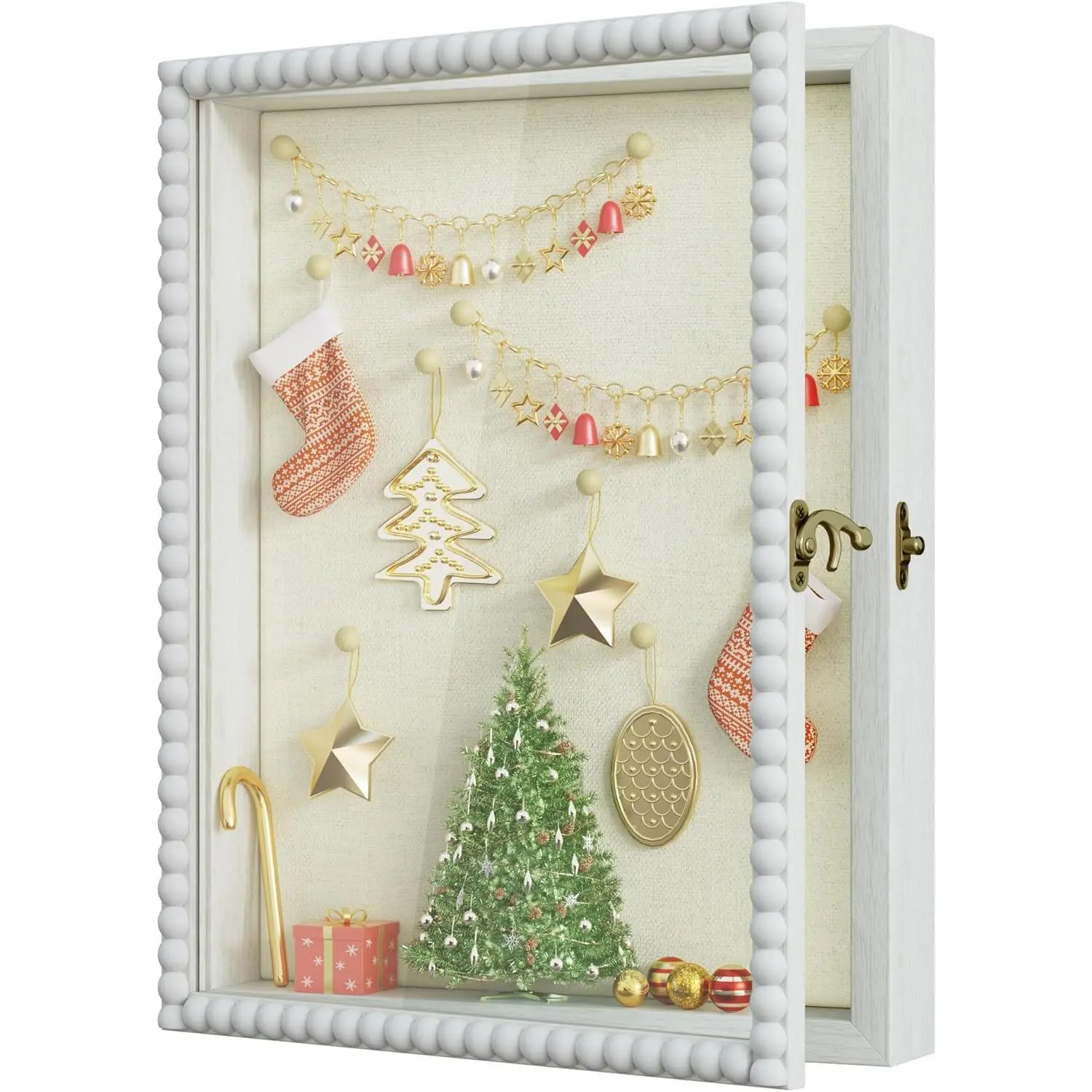 Shadow Box Frame 11x14, Deep Large Shadow Box Display Case with Unique Beads Door and Glass Window, Wood Memory Box for Pictures, Medals, Memorabilia, Collections White