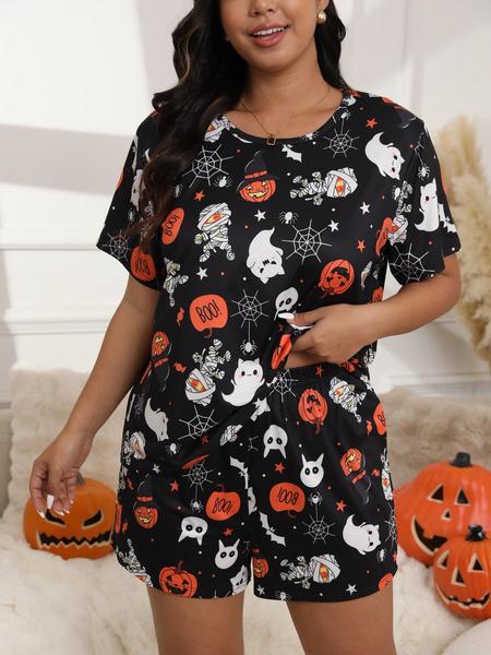 【Plus Size】Halloween Skull Ghost and Pumpkin Print Tee & Elastic Waist Shorts Pyjama Two-piece Set, Casual Comfy Round Neck Short Sleeve T-shirt & Shorts Pj Set, Women's Sleepwear for Fall