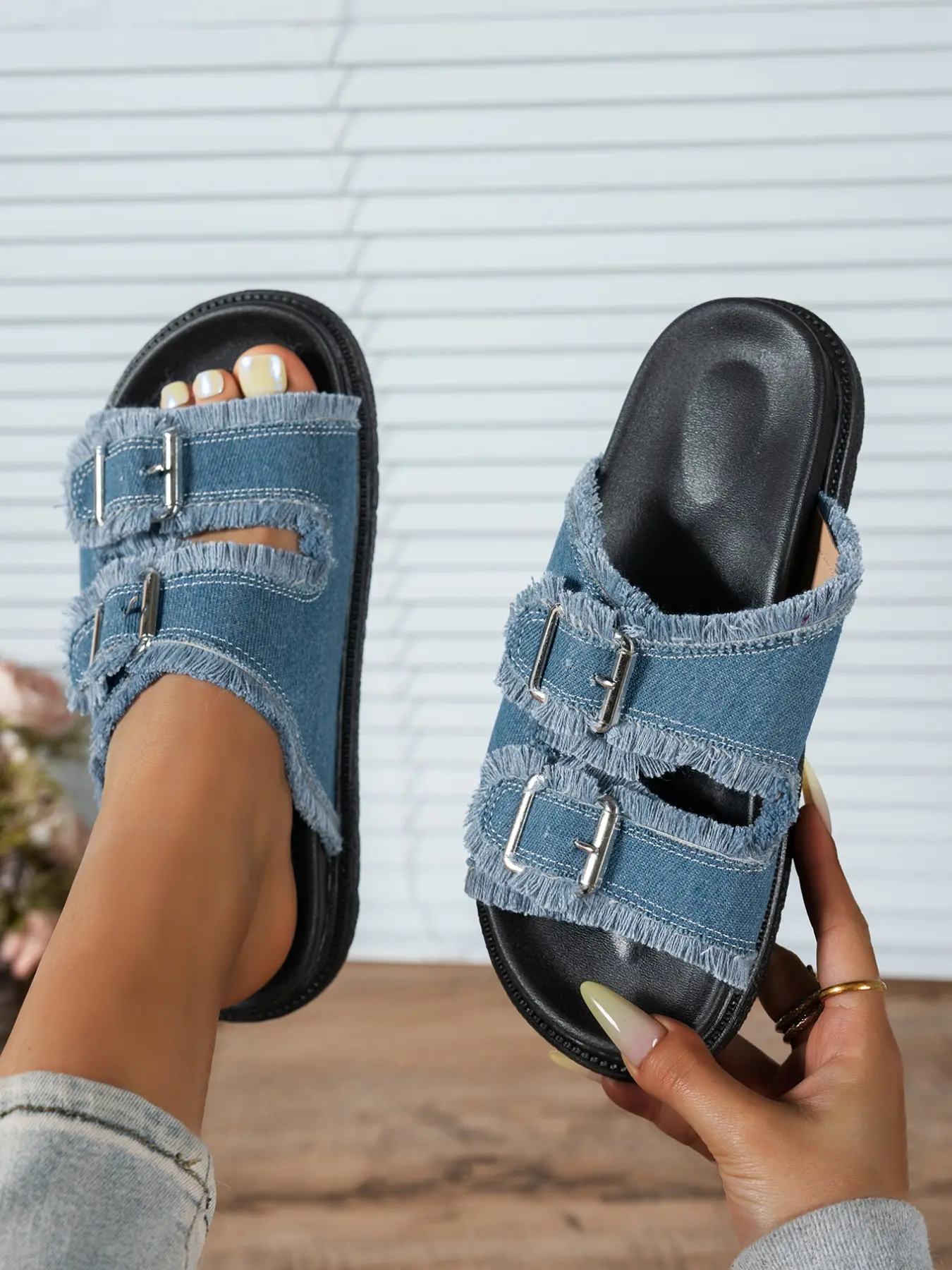 Women's Denim Edge Double Buckle Thick Soled Slippers, Summer New Open-Toe Sandals, Casual Beach Shoes, Textile Upper, Rubber Sole, Double Buckle Slides