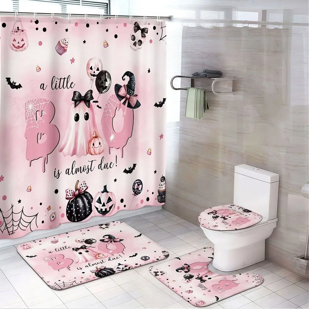 4pcs Halloween Pink Cute Ghost Girl Girly Shower Curtain Set, Cartoon Bats Pumpkins Spider Webs Spooky Holiday Bathroom Decor, TikTok Trending Bathroom Ideas