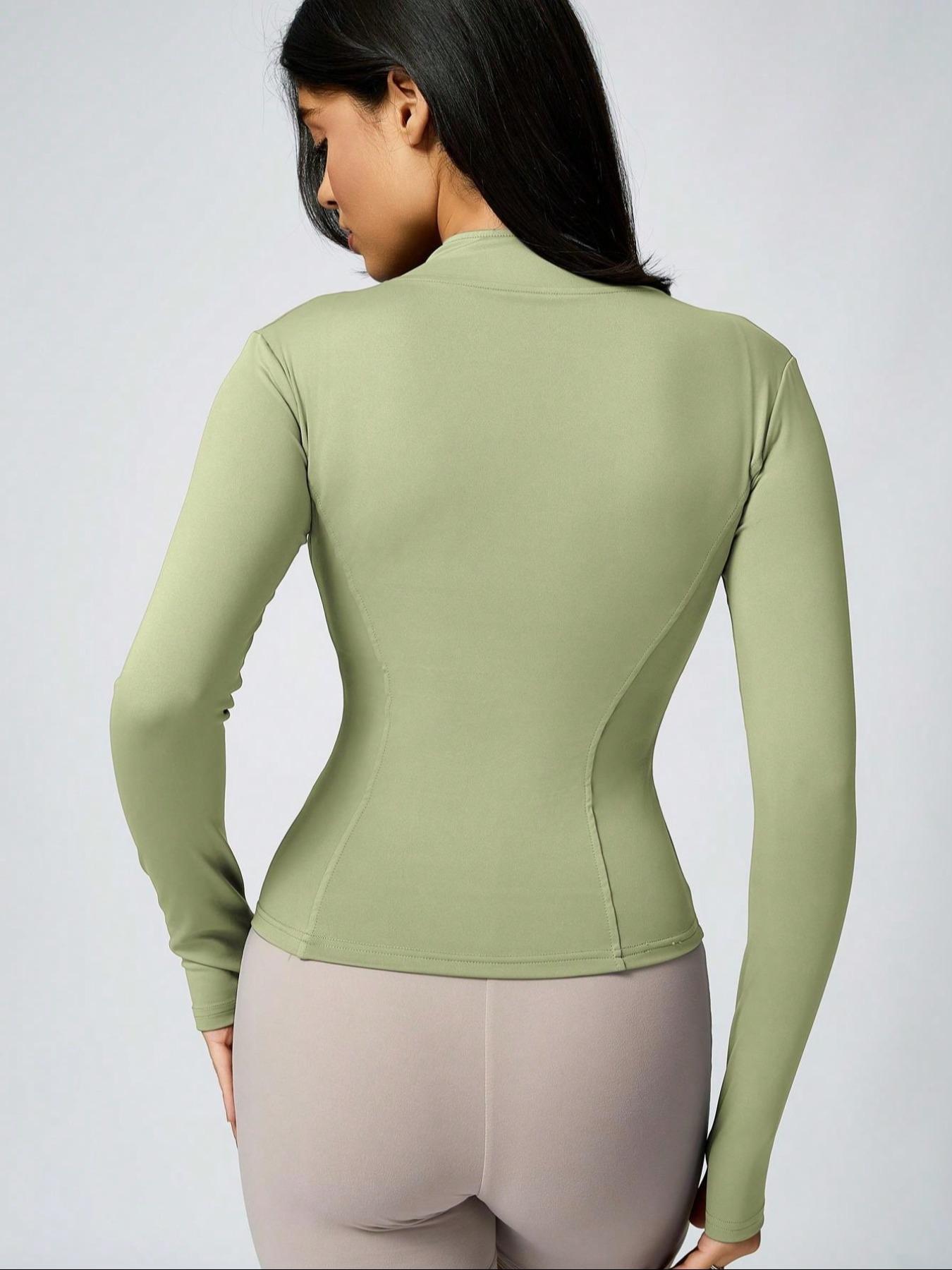 Women's Solid Thumb Hole Zip Up Sports Jacket, Thumb Holes Jacket, Long Sleeve Stand Collar Zip Front Outerwear for Gym Workout Running, Ladies Sportswear for All Seasons