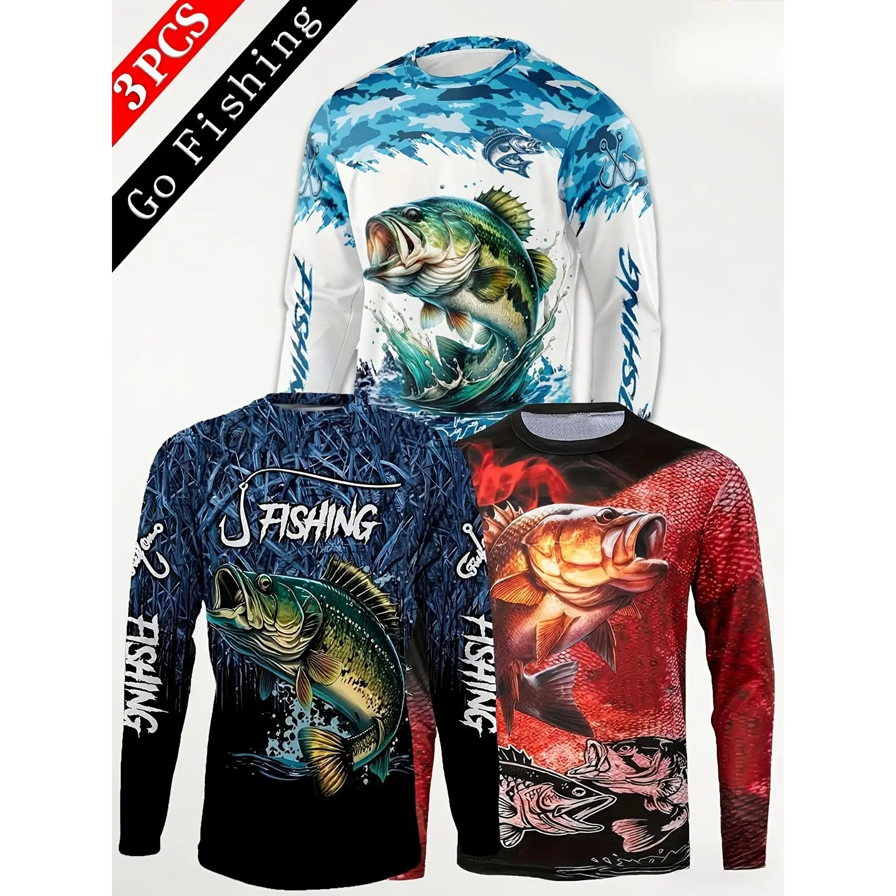 3PCS Set Men's Spring/Summer Fishing 3D Printed Graphic T-Shirt, Long SleeveTee, Casual Breathable, Suitable for Early Autumn Sports and Leisure, Fishing Outings