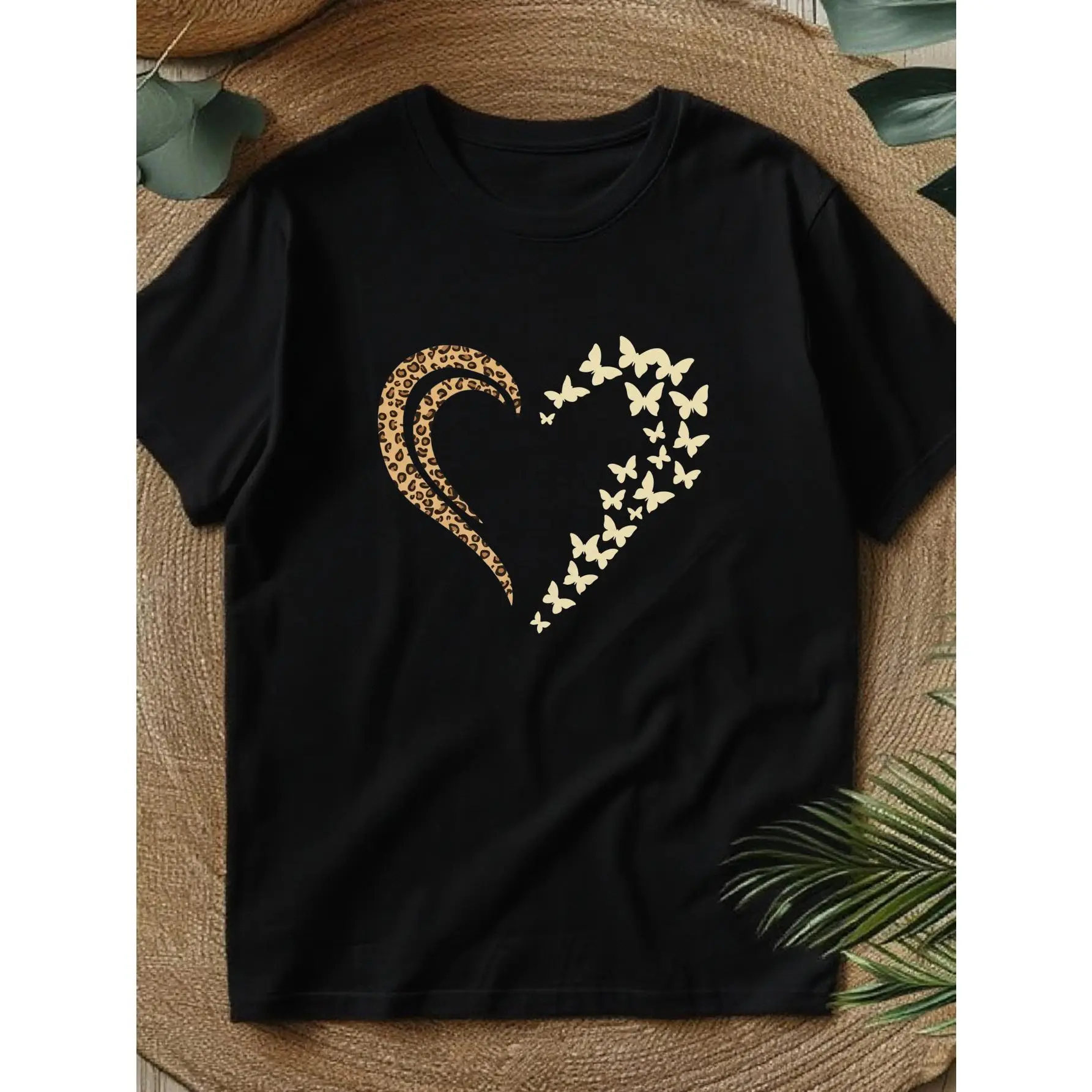 2026 Spring Summer New Arrival Casual Short, Sleeved Patterned T-Shirt, Exclusive Holiday Print And Unique Slogan, Leopard Heart Design, Local Delivery