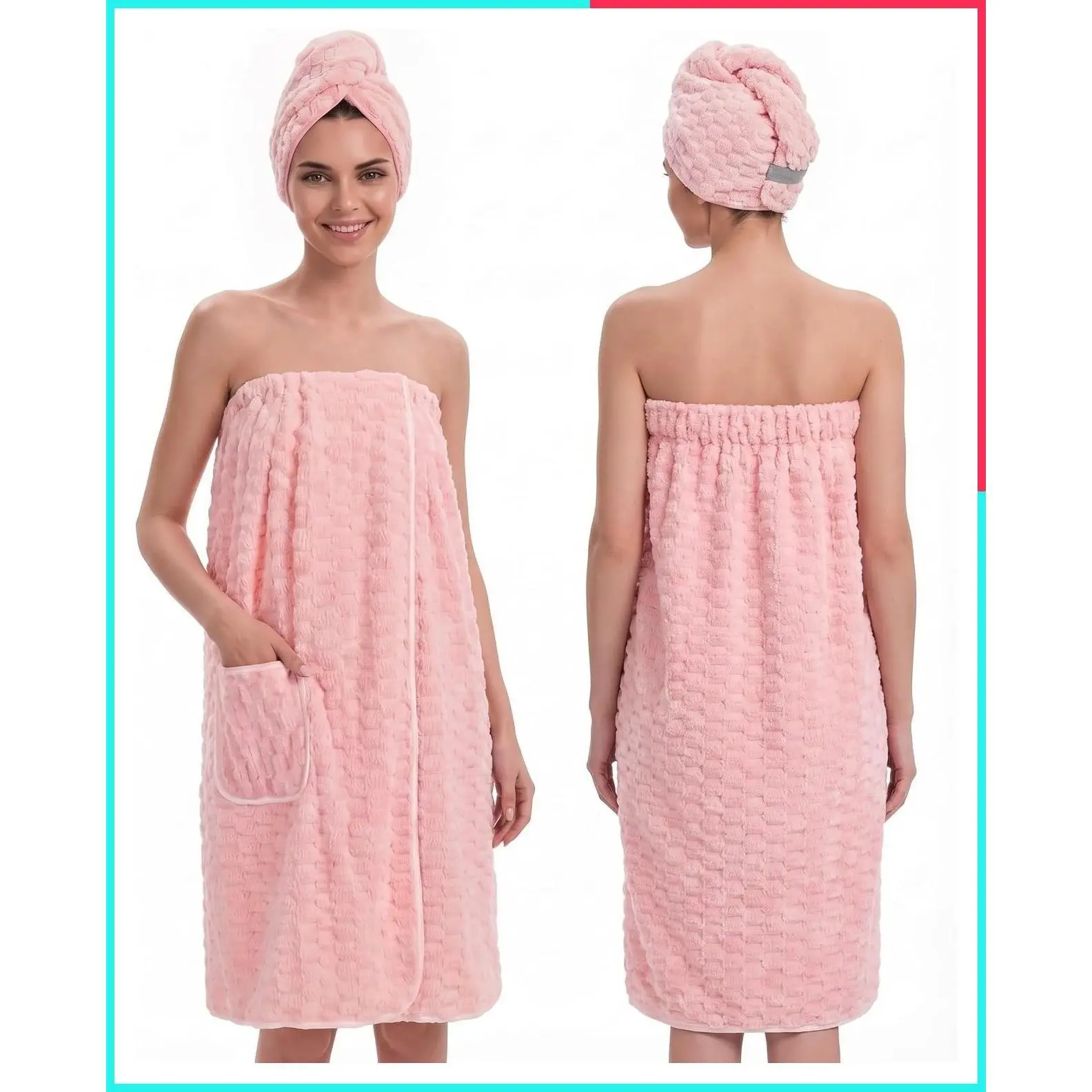 Women's Microfiber Towel Wrap with Hair Towel, Adjustable Button Closure Spa Shower Robe, Quick Dry Absorbent Bathrobe, Pink Body and Hair Wraps Set for Home Hotel Pool Travel Beach
