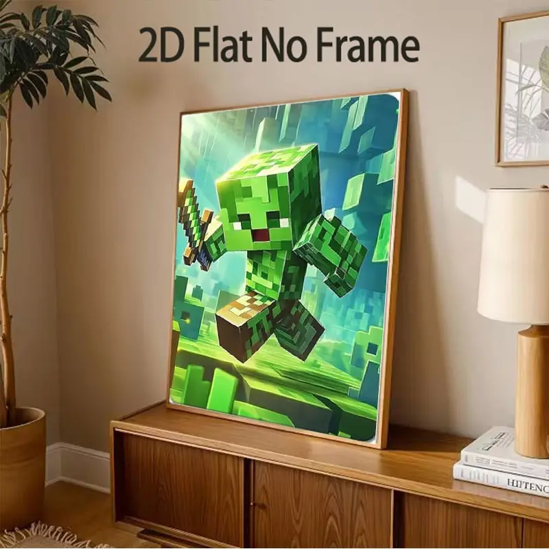 Frameless 2D Flat Canvas Art Print Poster - Pixelated Green Monster Creeper, Dynamic Running Pose, Vibrant Block Pixels Landscape, Wall Art Decoration for Home, Game Room, 20x30inch(50x75cm), 24x36inch(60x90cm)