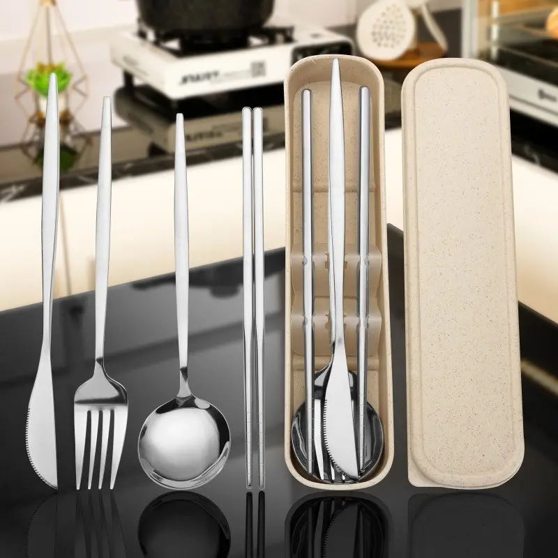 Portable Cutlery Set with Storage Case, Stainless Steel Travel Utensils Kit, Reusable Fork Spoon Knife Chopsticks Set for Work, School, Camping and Everyday Meals