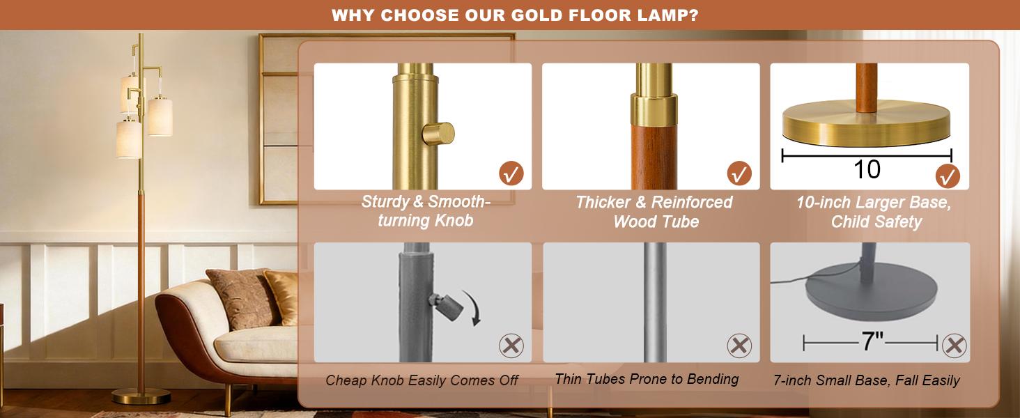 70" Wood Floor Lamp Dimmable Floor Lamps for Living Room Bedroom Mid Century Modern Floor Lamp Gold Standing Lamp Tall Lamps for Office Nursery Reading Elegant Stand Up Lamp, 3 Bulbs Included