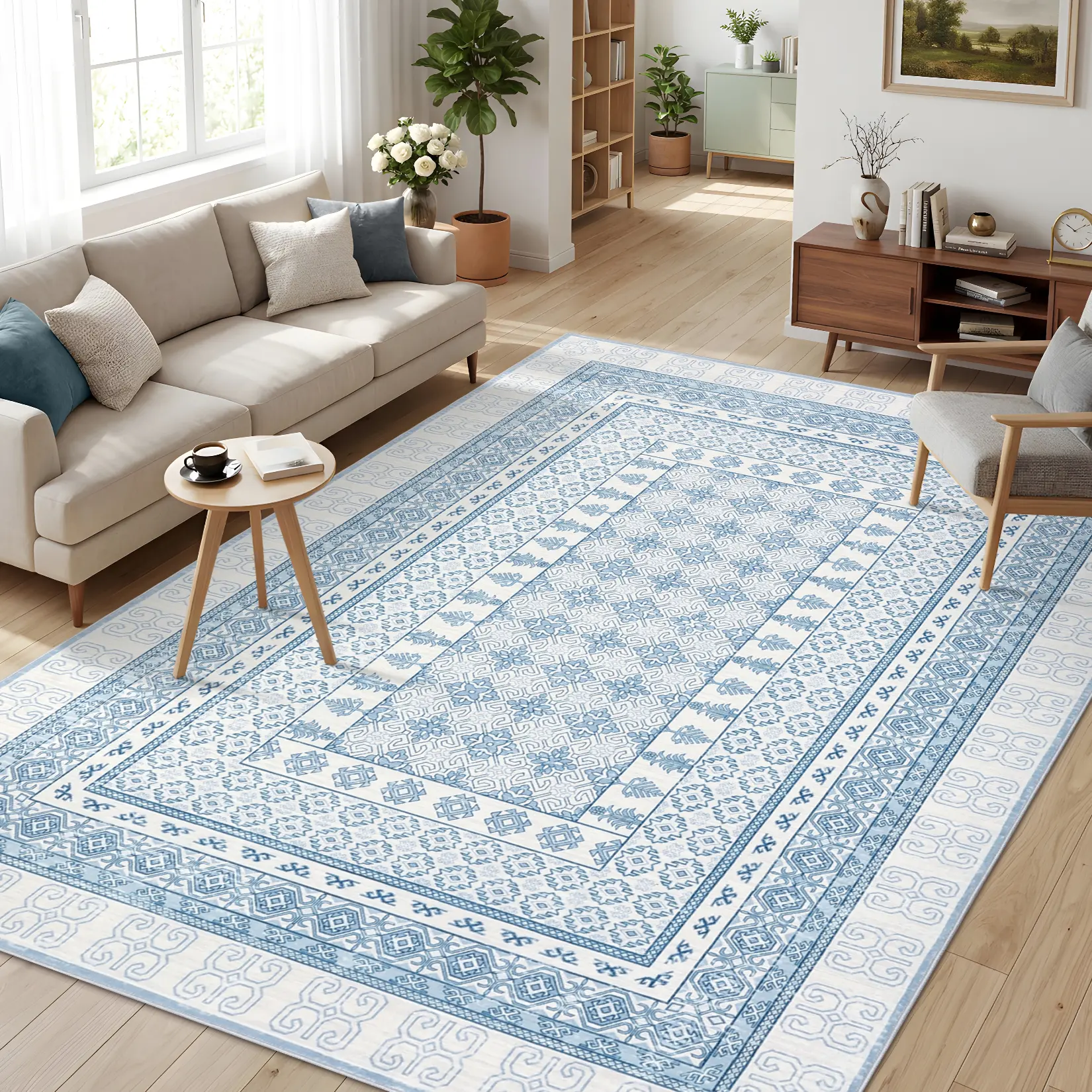 Indoor Coastal Bedroom Runner Rug - Blue Vintage Soft Non-Slip Geometric Carpet with Layered Edge, Blemish-Resistant Low-Pile Fabric for Hallways/Kitchens, Easy to Clean