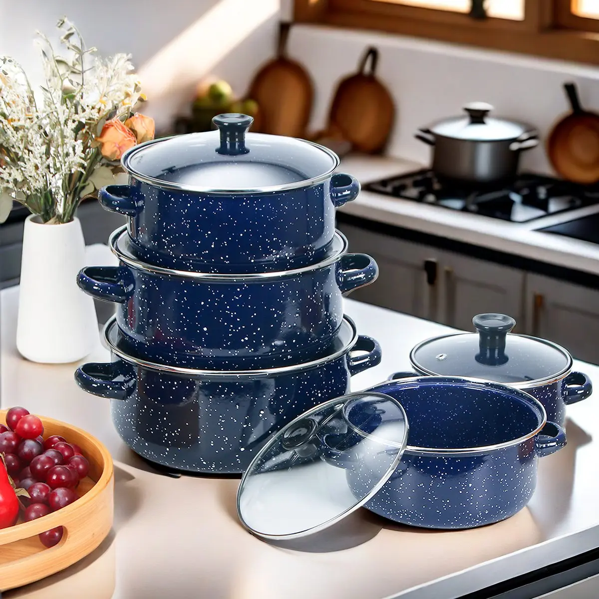 5pcs Portable Multi-Functional Blue Enamel Cookware Set, Soup Pot, Cooking Pot, Stew Pot, Frying Pan, Easy Clean Non-Stick, Kitchen Gear, Outdoor Camping, Gift