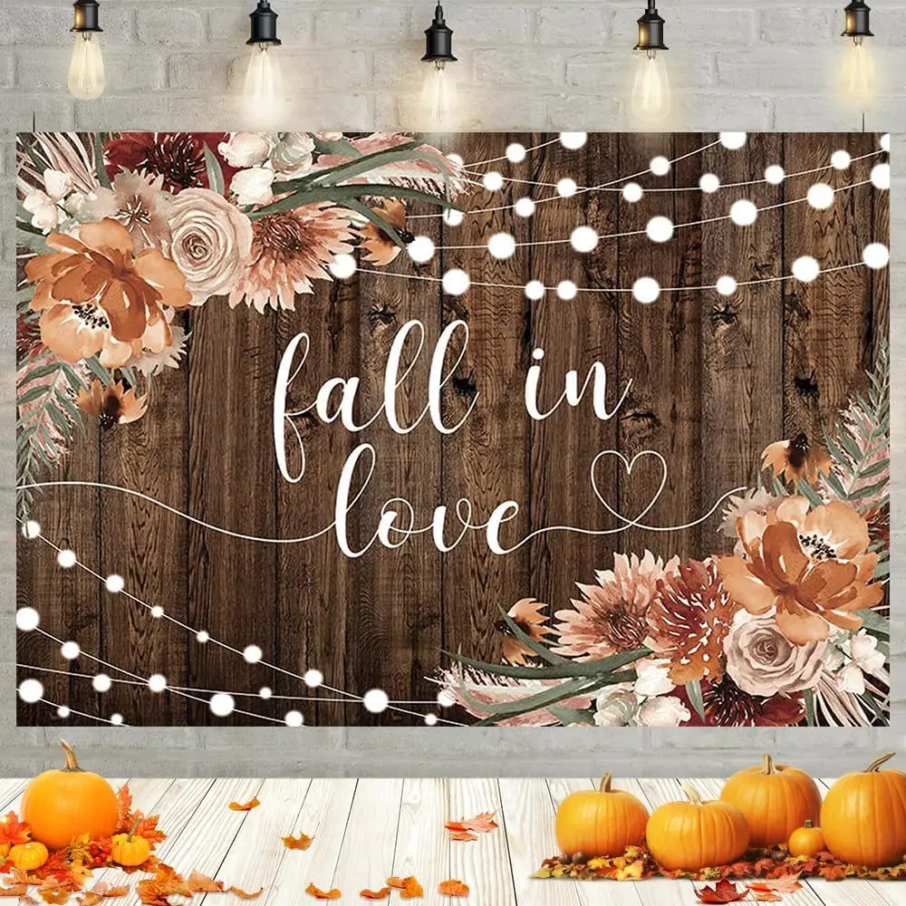 Fall in Love Photography Backdrop Rustic Wedding Party Decor | 7x5ft Rustic Bridal Backdrop Fall Floral Brown  Curtain Photography Backdrop for Wedding Party Banner Decoration