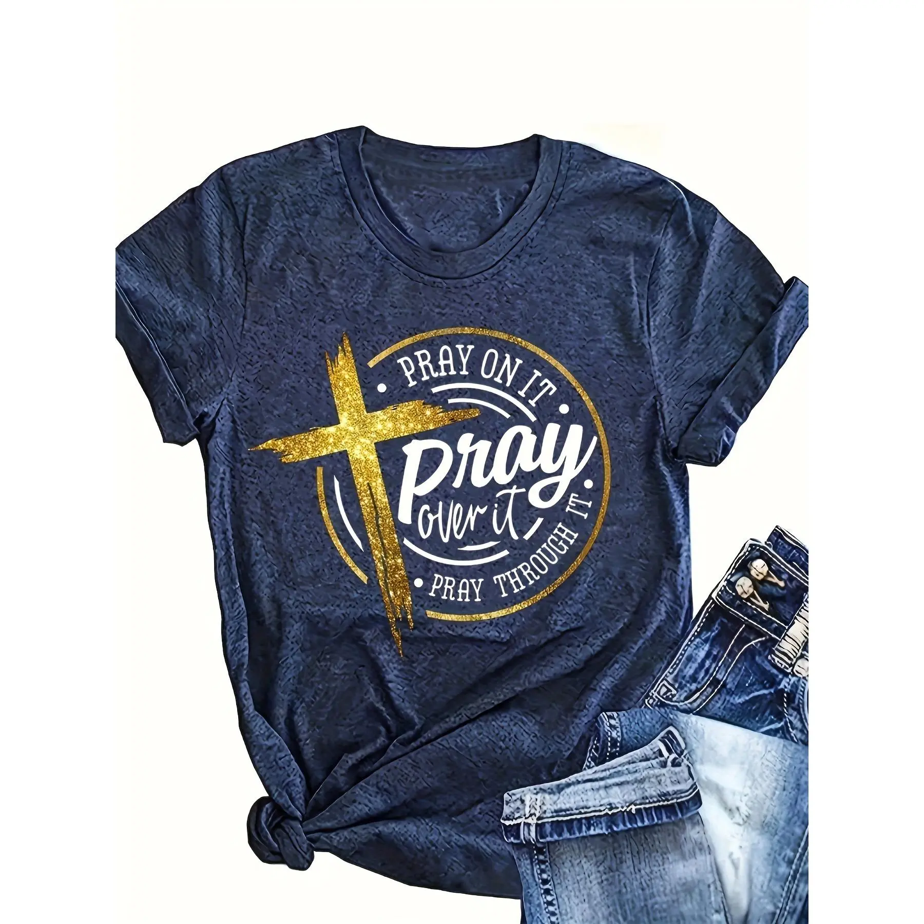 Christian Pray On It Over It Through It Cross Graphic Tee - Standard Pure Cotton Short Sleeve Crewneck Top for Women & Men, Inspirational Faith Scripture Apparel, Religious Motivation Outfit & Church Day Gift
