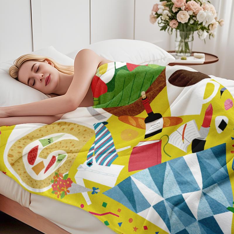 lannel Blanket with Retro New Life Festival Art, Lightweight Soft Colorful Food & Daily Life Illustration Throw Blanket for Sofa Bed, Unique Foodie & Lifestyle Decor Blanket, Perfect Gift for Food Lovers, Home Decor Enthusiasts