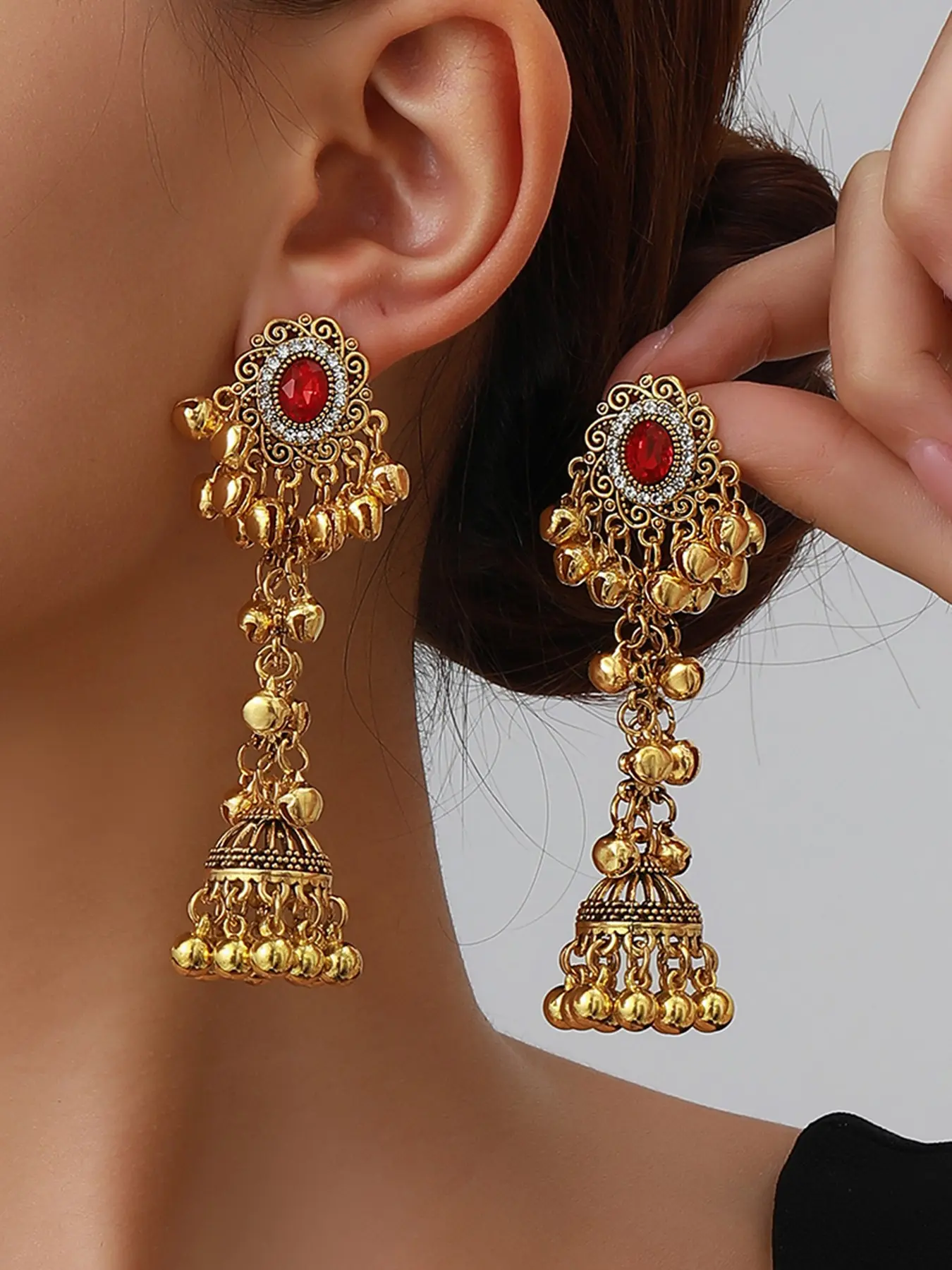 1 Pair Antique Gold Indian Long Jhumka Earrings for Women, Vintage Ruby Red Crystal Filigree Bell Drop Dangle Earrings with Ghungroo Beads, Bollywood Boho Tribal Festival Accessories