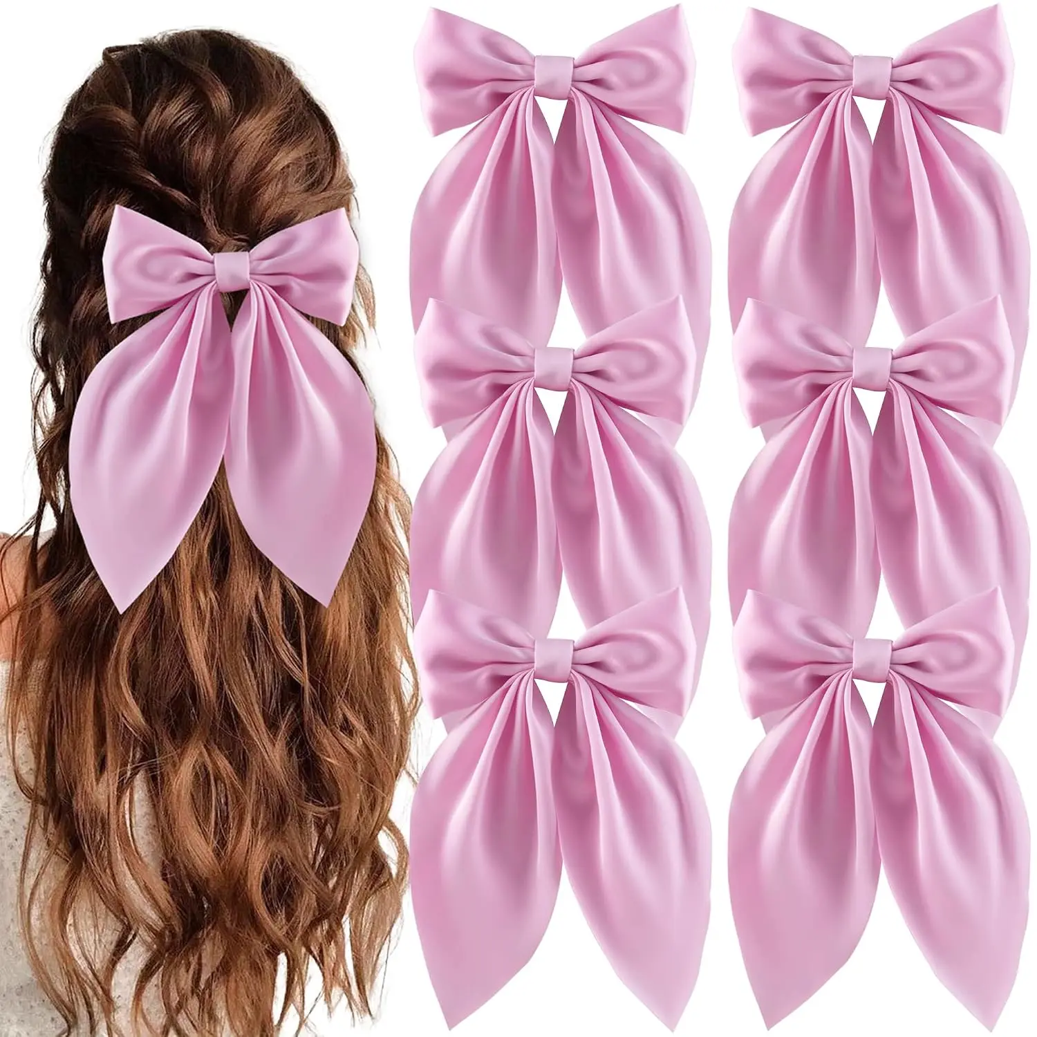 6 count Bow Hair Clips for Women Silky Satin Ribbon  Barrettes Ponytail Holders Hair Accessories for Girls()