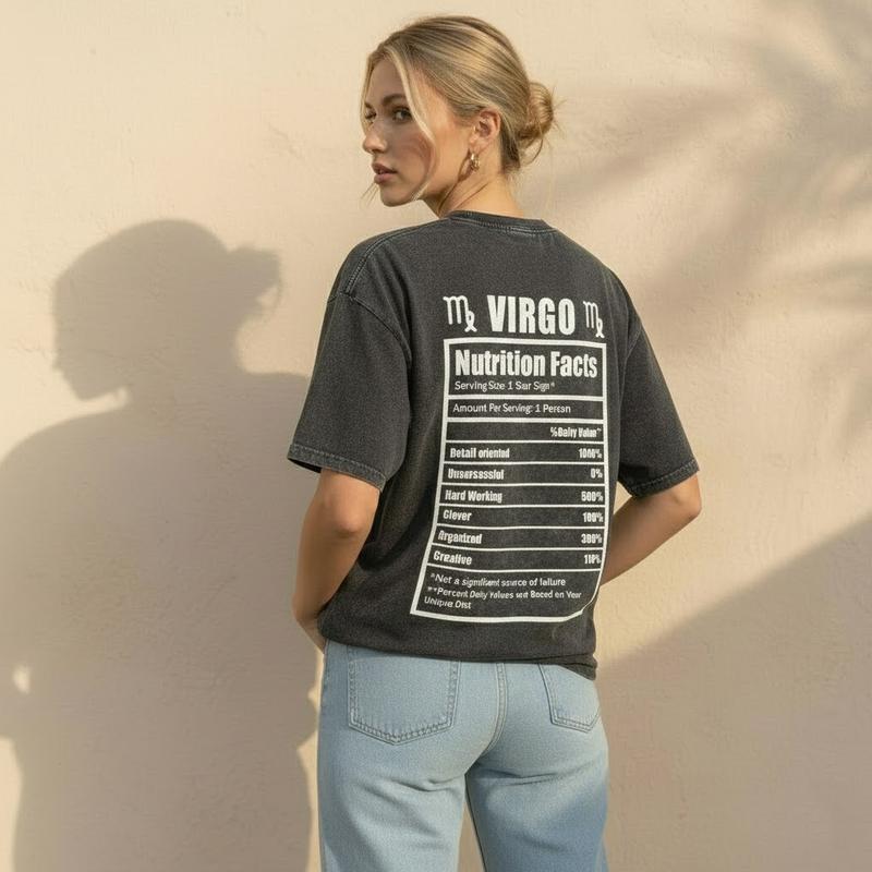 S - 5XL Unisex Vintage Washed Tee Zodiac Nutrition Facts T-shirt Astrology Crewneck Top Horoscope Graphic Tee Star Sign Lucky Charm Birthday Gift Printed Zodiac Sign Clothes Retro Casual Style 100% Cotton Fabric