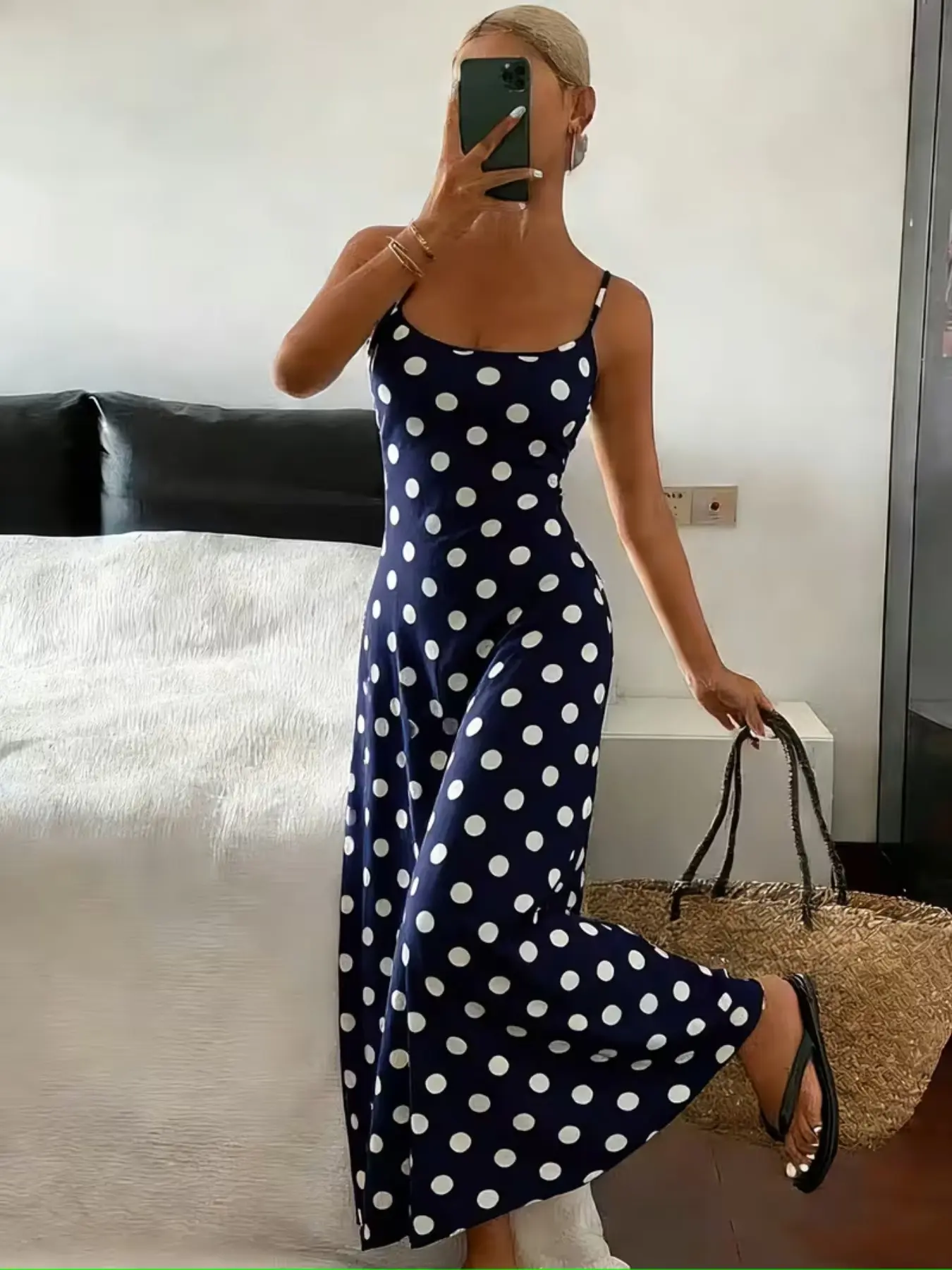 Polka Dot Print Halter Dress, Essential for Spring Summer, Perfect for Home Outing Vacation Sleepwear Loungewear, Stylish and Comfortable
