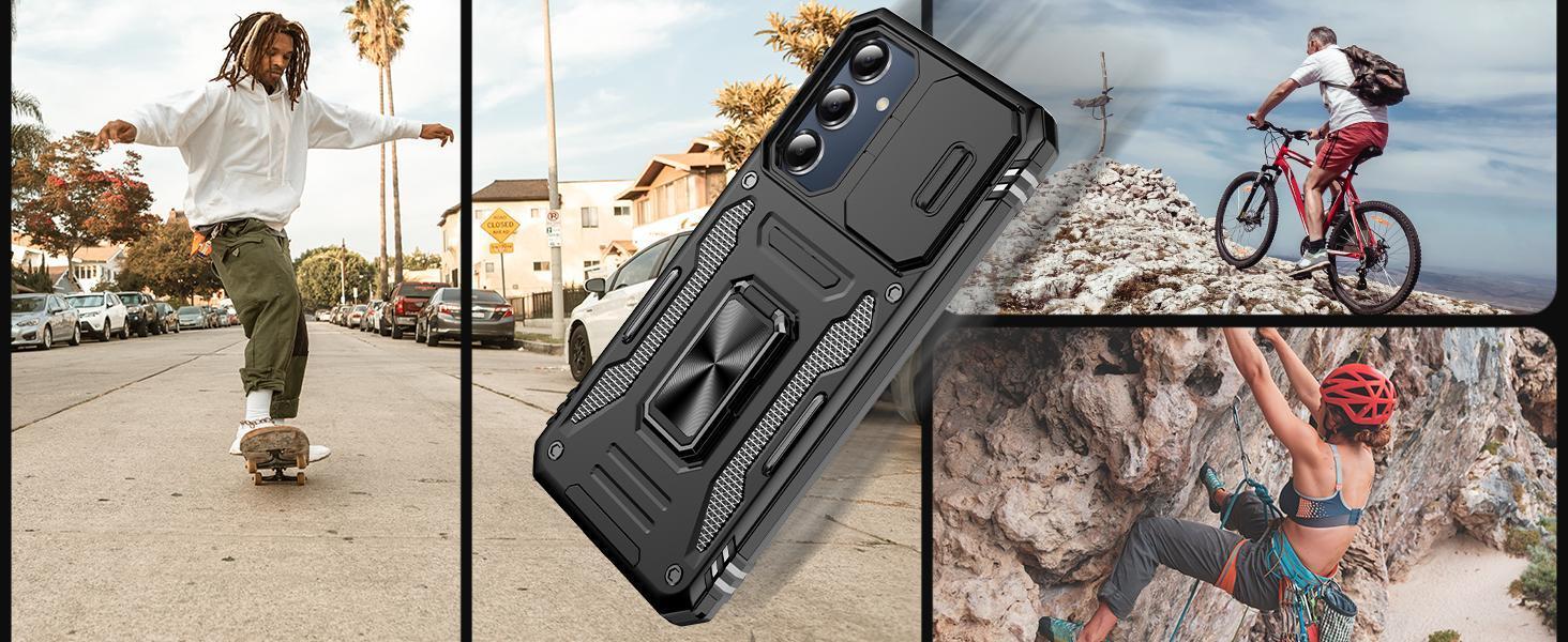 for Samsung Galaxy A16 5G Case with Slide Camera Cover + Screen Protector(2 Packs), Rotated Ring Kickstand Military Grade Shockproof Protective Cover for Samsung Galaxy A16 5G (Black)