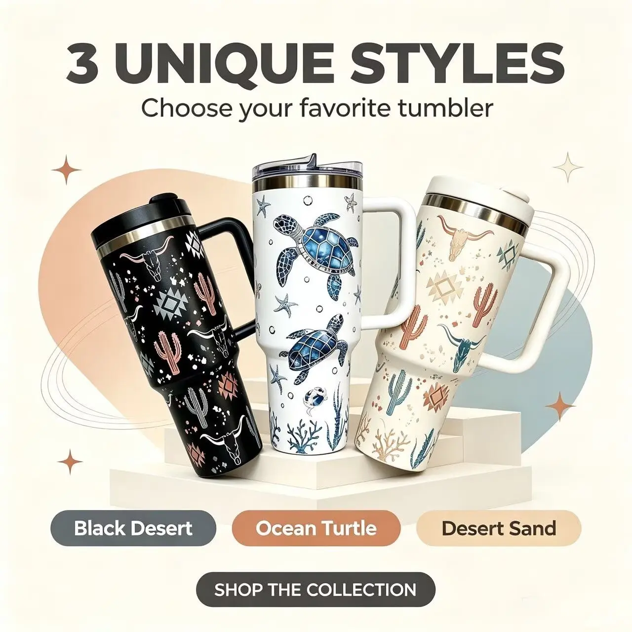40oz Cup Holder Tumbler with Handle, Ocean Side Insulated Travel Mug, Stainless Steel Water Bottle for Car Commute Office
