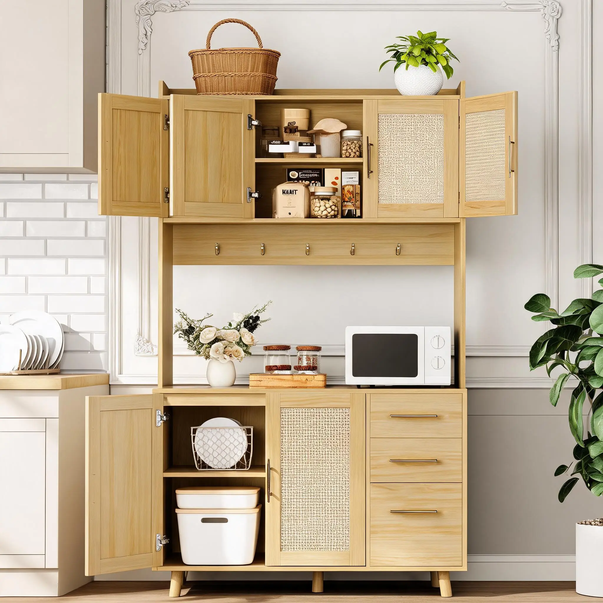 Boho Rattan Kitchen Pantry Cabinet – 71" Tall Freestanding Hutch with Drawers, Adjustable Shelves, Doors & Hooks – Multi-Functional Storage Cabinet for Dining Room, Kitchen, Living Room