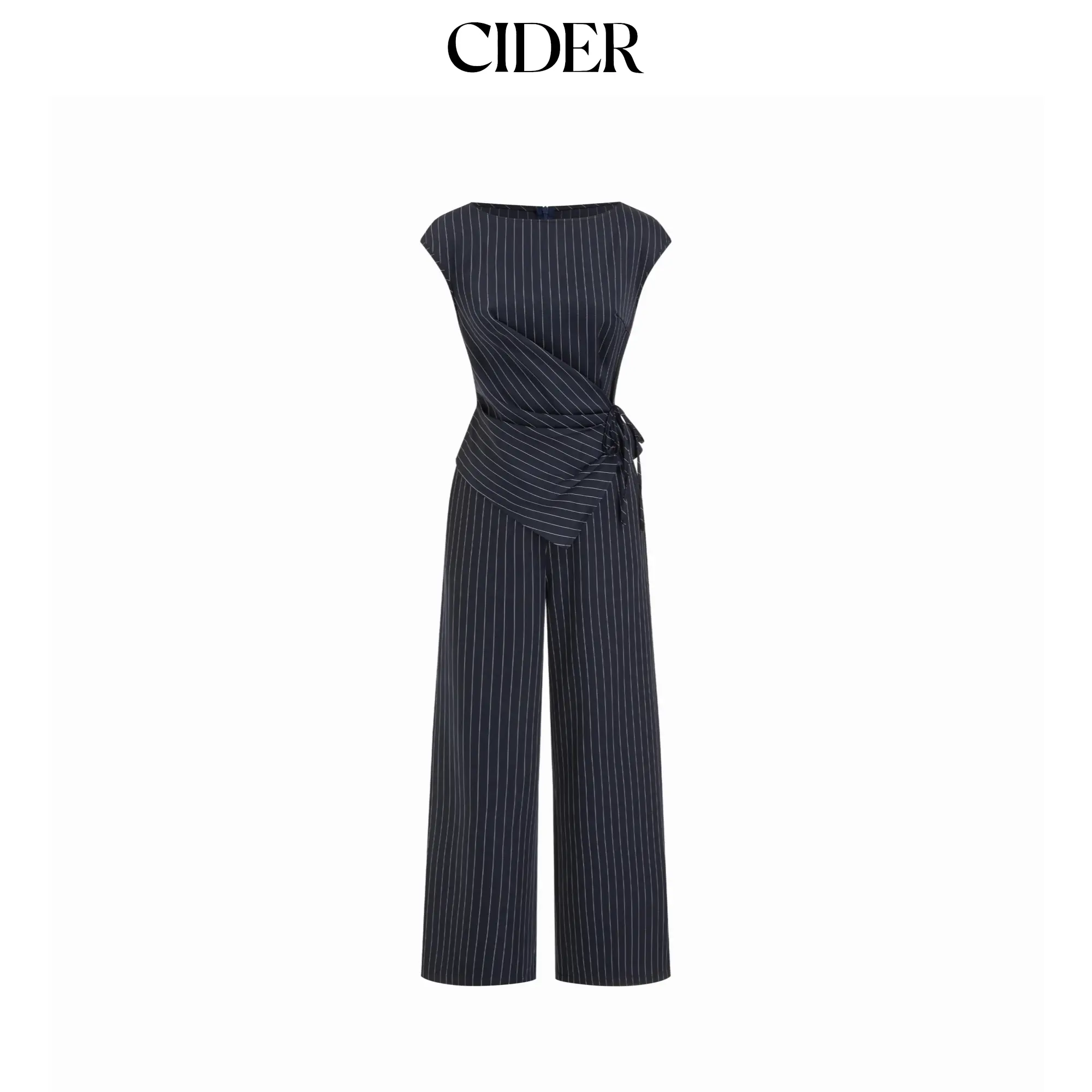 Cider Collarless Striped Asymmetrical Hem Knotted Jumpsuit