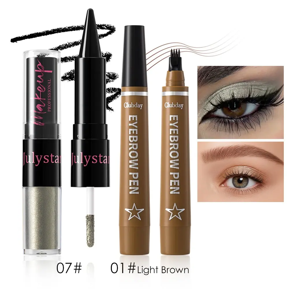Complete Eye Cosmetic Kit, Glitter Shimmer Liquid Eyeshadow and Microblading Eyebrow Pen, 4 prong tip design for realistic brow hair, Smooth glitter eyeshadow for bright eye look, Great gift choice for makeup lovers