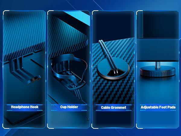 Ecofurnix,LED light game table & power socket, computer gaming desks & monitor stand, ergonomic carbon fiber game table, home office desk with cup holder, headphone hook and mouse pad, simple assembly