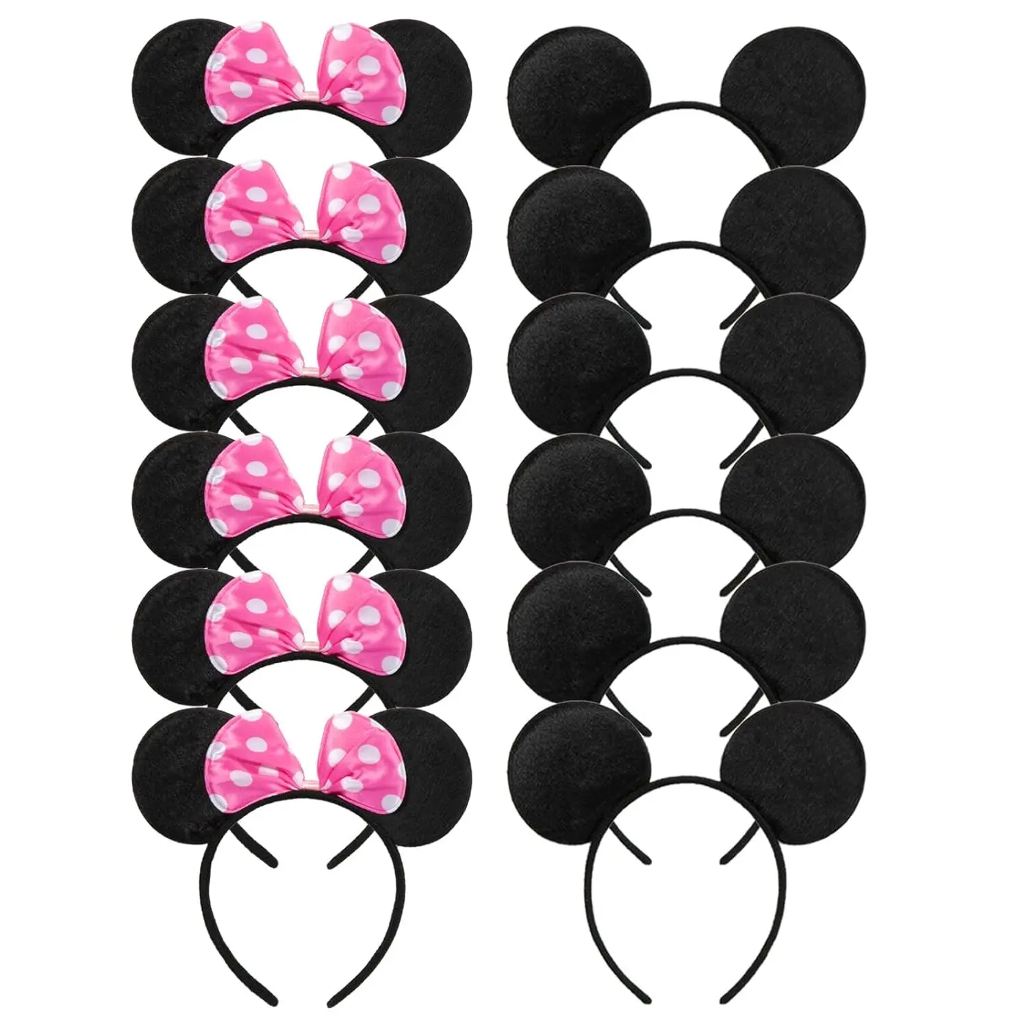 Velvet Mouse Ears Headband with Solid Black and Pink Bow - Toddler Gifts, Cute Accessories for Boys & Girls Birthday Party, Pack of 12